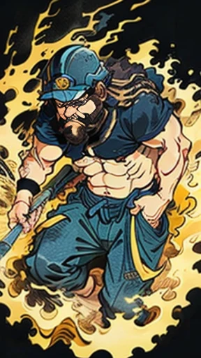 A man wearing dark blue work clothes is shirtless and wearing a construction helmet.,has a long beard,Floating world style,KHD,simple background,(angry look),master piece,KHD、wrapped in electricity、He carries do-it-yourself tools on his waist.