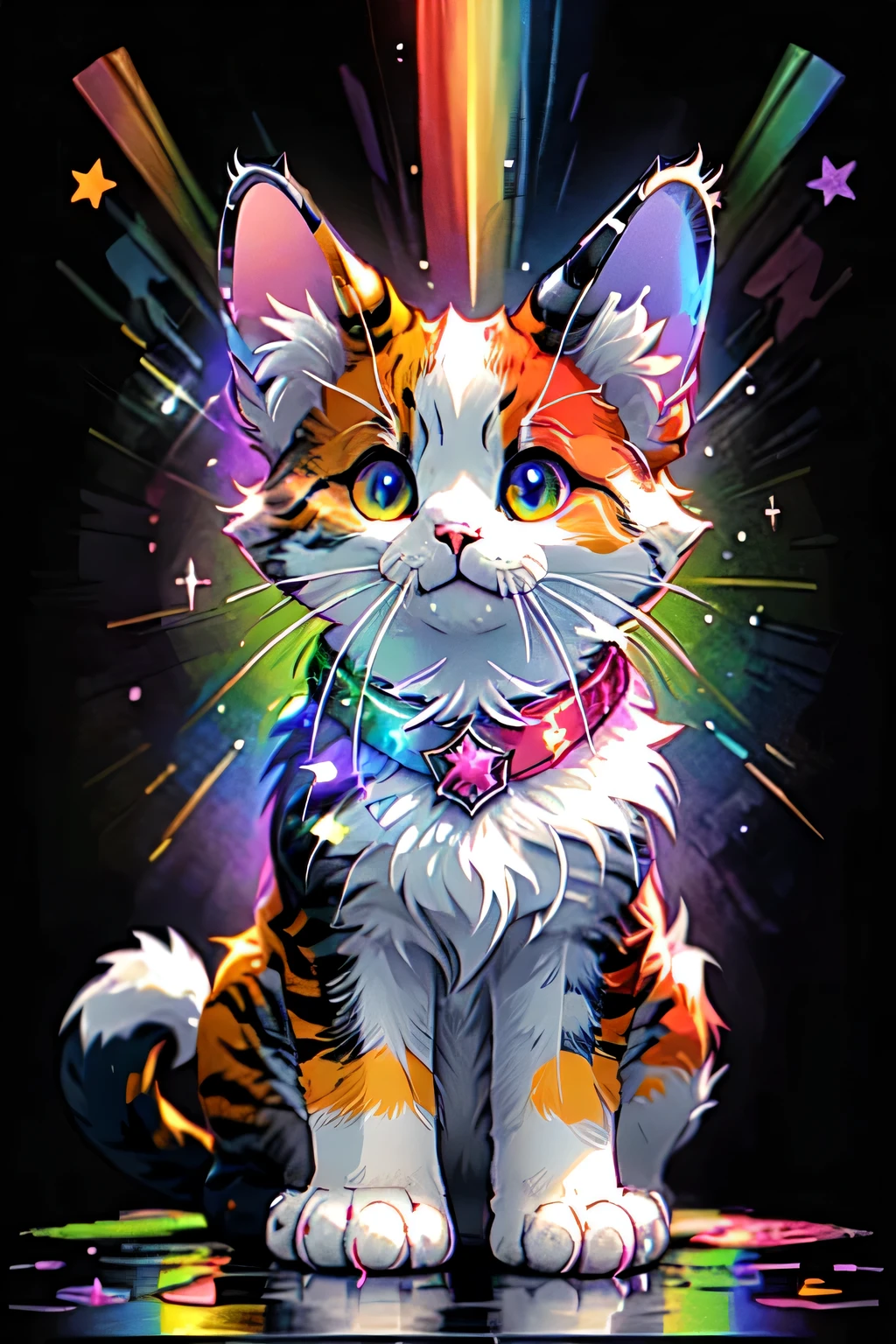 rainbow pride, alone, Smile,  Star (symbol), collar, no humans, spark, fangs, look up, Cat, animal focus, Bright Eyes, fluffy