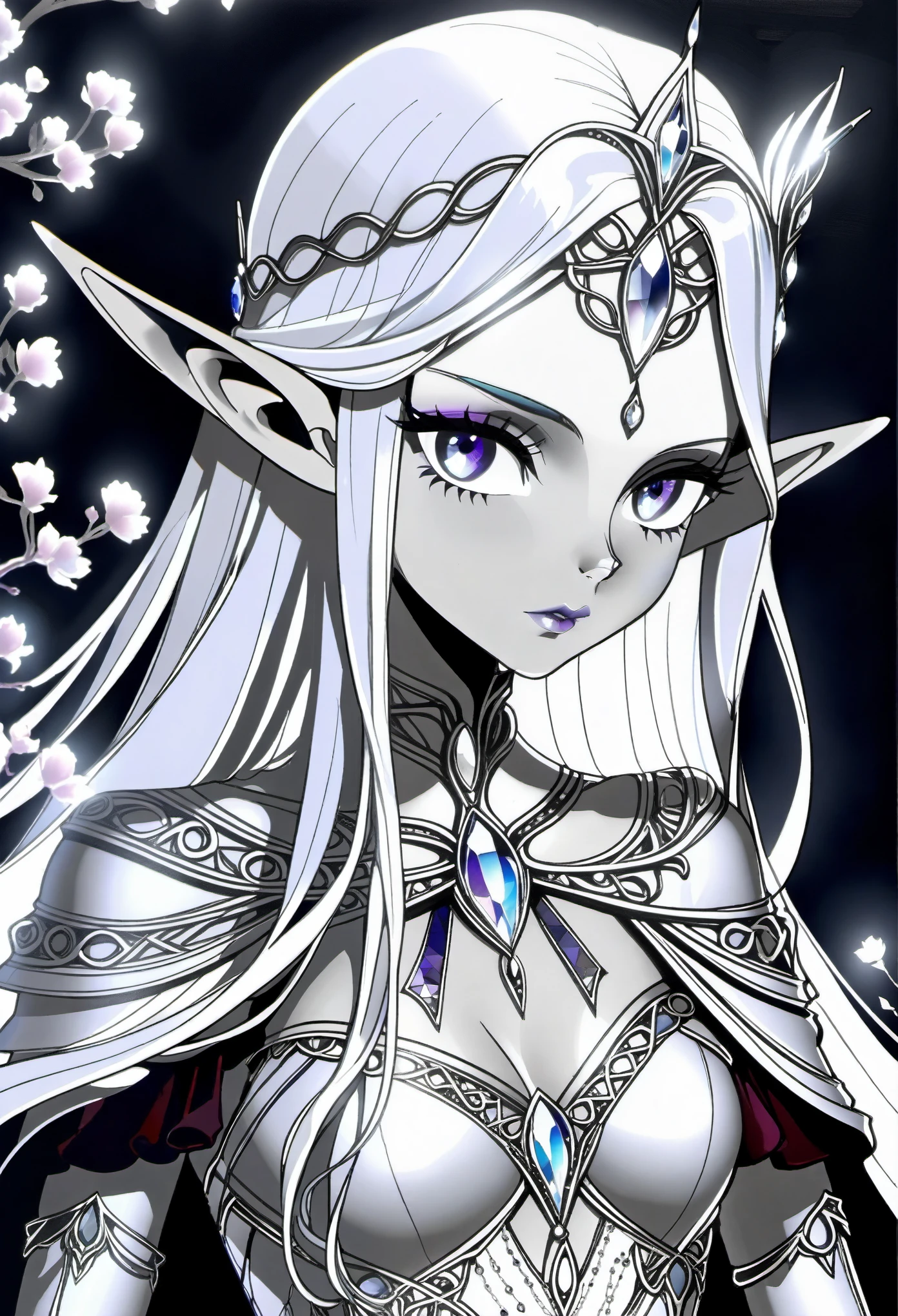 (Pencil_Sketch:1.2, messy lines, greyscale, traditional media, sketch),(full body portrait:1.5), (Far focus design:1.5), An elf queen, High-level elf noble clothing, Proud, shy, bell, Triple crown, Glowing white pupils, Eyes look toward central focus, wrapped in lilac metallic canvas, Exuding an aura of dark fantasy and hatred, Intricate and exquisite details, Highlight thin strokes, dark rich color palette, Black, Red, white, blue, Added to enhance the overall ambience, Beautiful details glow, smooth and flawless, through double exposure technology, Hauntingly beautiful mist shrouding the landscape, Delicate crystal structure sparkles, ethereal light, Soft baby pink cherry blossoms, Exquisite carpet floor, Optical fiber thin fibers add touch, Intricate and mysterious, nose blush, rococo style, high detail, Conceptual art, UHD, anatomically correct, super detail, best quality, 8k