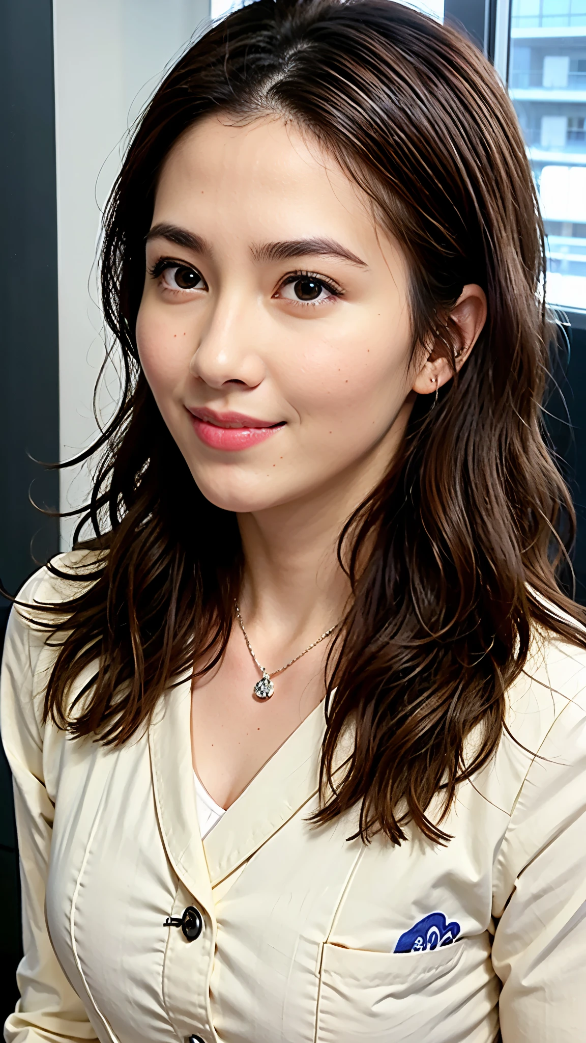 Japanese women、50 years old、Medium-haired brown hair、Wavy Hair、Close-up
