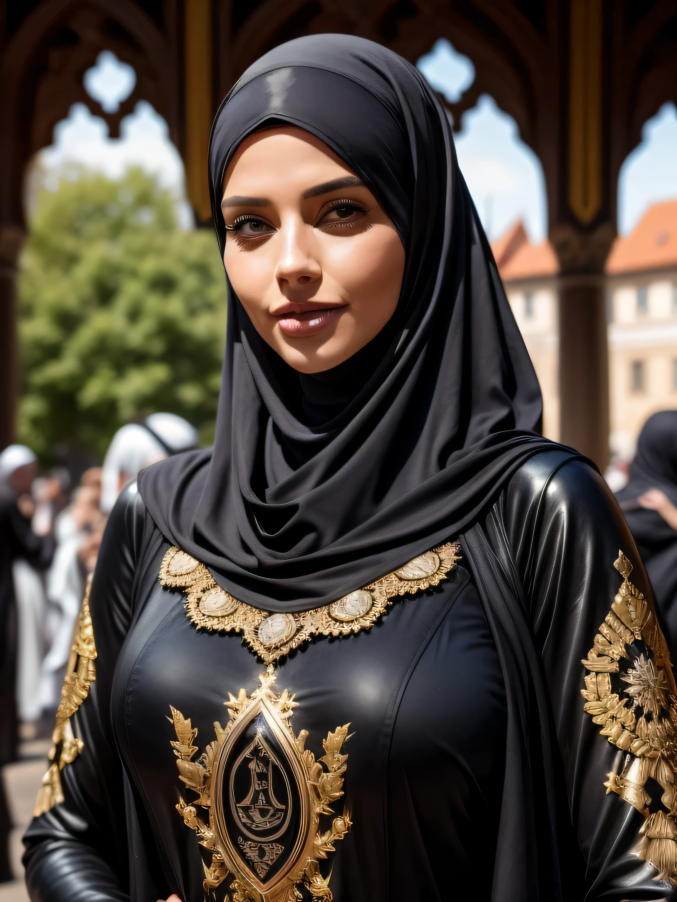 gorgeous woman, Fachmann, (4K-Foto) von (Jeremy Lipking:0.3), (Dittmann Anna:0.3), (Arian Mark:0.3), (Scharfer Fokus:1.3), (Beautiful woman:1.3), Tragen (Leder-Hijab, Abaya aus Leder mit aufwendigen Golddetails:1.2), perfektes Make-up, bemerkbar, faszinierende Augen, beautiful detailed face, Stehend auf einem arabischen mittelalterlichen Marktplatz