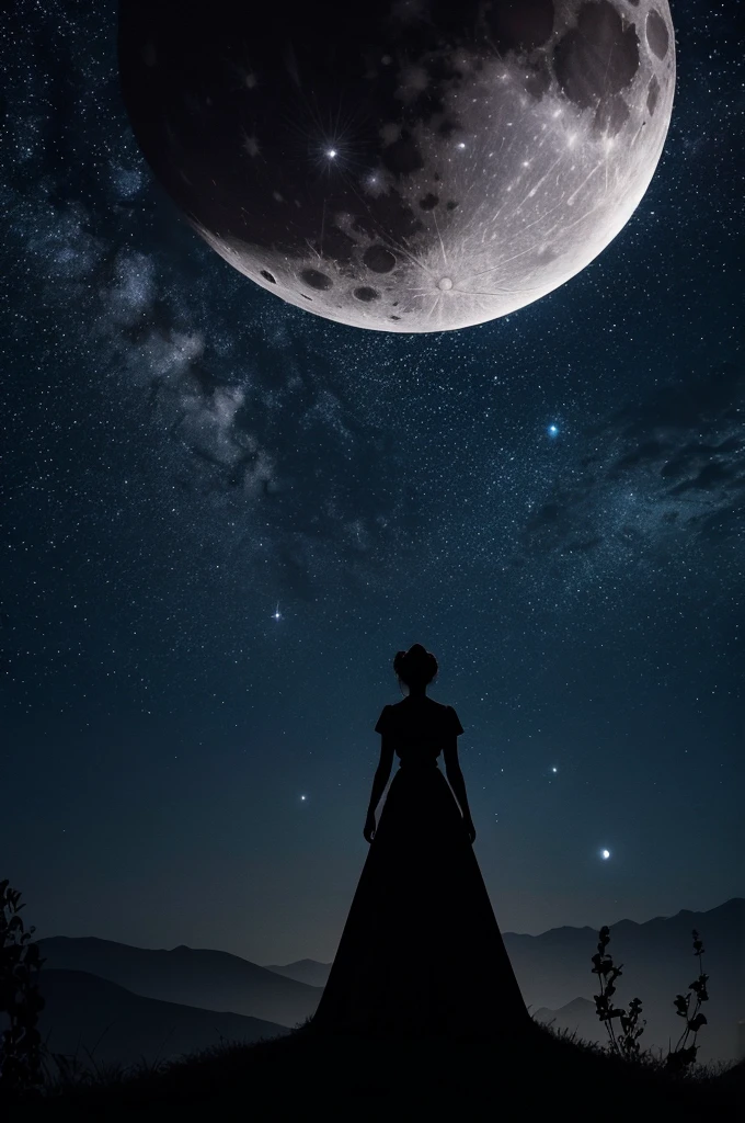 highest quality,big moon and shadow,A silhouette of a person can be seen against the background of the big moon.,There is one full moon,There is a mood,beautiful scenery,starry sky