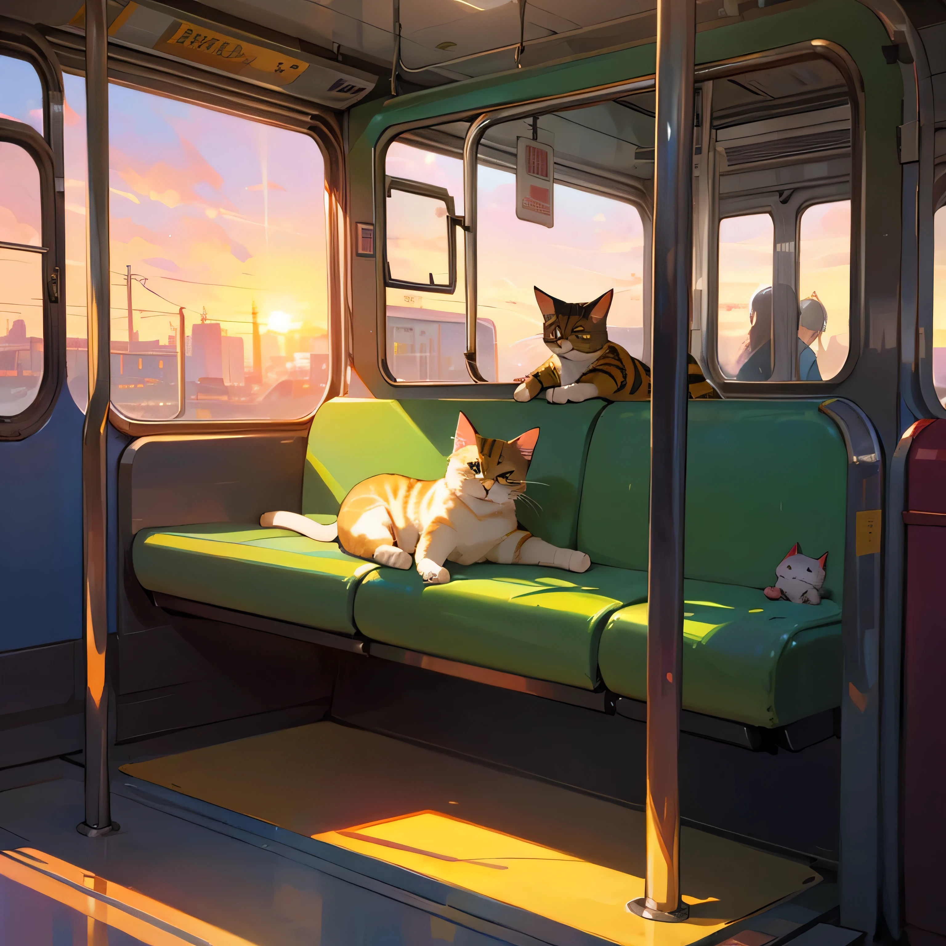 Subway train, sundown, warm weather, cat laying down.