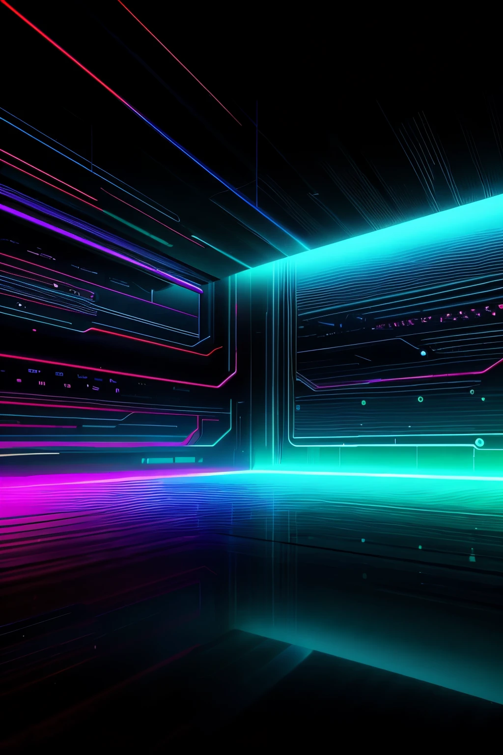 A high-tech background with vibrant neon reflections and colors, immersed in a futuristic, cybernetic atmosphere. The fundo is set to a deep, electric blue, creating a cool and soothing base for the dazzling neon accents that illuminate the scene. The reflections on the surface shimmer and pulsate, mimicking the flickering energy of cutting-edge technology. The overall effect is one of a high-definition, hyper-realistic digital landscape, filled with the cropped, angular shapes and sharp lines that characterize modern technology. 8K, ultra-high definition.