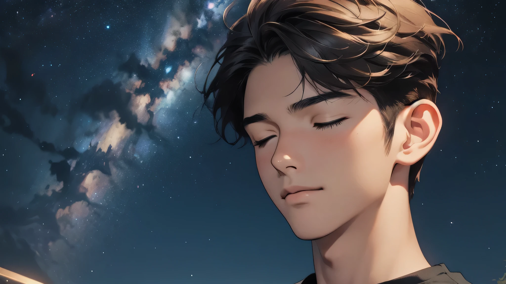 20 years old boy,Looking up,closed eyes,short brown color hair,small smile,night sky background,absurdres,masterpiece,highres,intricately detailed,black t-shirts,detailed face,global illumination, anime