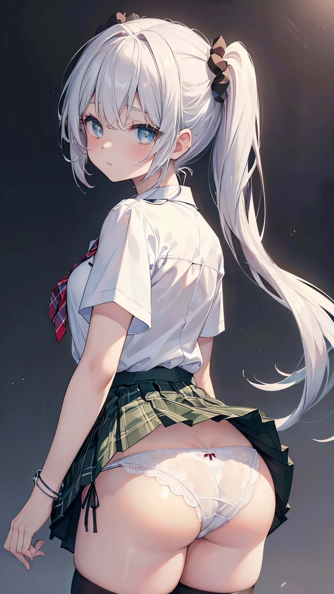 (Get on all fours with your palms on the ground:1.5)、(fully exposed white lace panties:1.5)(very panicked face:1.5)、(Looking up from directly below:1.5)、(too short mini skirt:1.5)、Bitch、(豊満なbutt:1.5)、(前かがみになってbuttを突き出す:1.3)、(Pay attention to the crotch:1.5)、high ponytail、highest quality、butt、embarrassing、(レースのwhite pantiesー:1.5)、完璧なbutt、いいbutt、四つん這いでbuttを突き出す,、lift skirt、stage、black knee high socks、plump thighs、Absolute area(black stockings:1.5)、(school uniform:1.3),, (white collared-shirt:1.4), ((white collar, unbutton, short sleeve):1.2), (Light green plaid pleated skirt:1.3), ((necklace, colorful bracelet, ×hair ornament):1.2), Super detailed、(8K, Raw photo, highest quality, masterpiece:1.2), (extremely detailed 8K wallpaper),enlightenmentn、professional lighting,sharp focus, Depth of the bounds written、 NSFW、clear eyes、perfect anatomy、with a girl、、plump thighs、white panties、Emphasizing the lines of pants、lift skirt、(compensate:1.1)、break (masterpiece:1.2)、highest quality、High resolution、unity 8K wall paper、(enlightenment:0.8)、(beautiful and fine eyes:1.6)、highly detailed face、perfect lighting、Detailed CG、 (perfect hands、perfect anatomy)、stageの上に立つ, (stageの上に), (lower body shot), thigh focus, (Shooting from below 1.5), (Figure 1 seen from behind.5)、 (white pantiesー:1.3)、(skirt that rolls up:1.3)、(fully exposed panties:1.5),(buttを見せてください:1.5)、Wrap the scrunchie around your left wrist、cowboy shot、