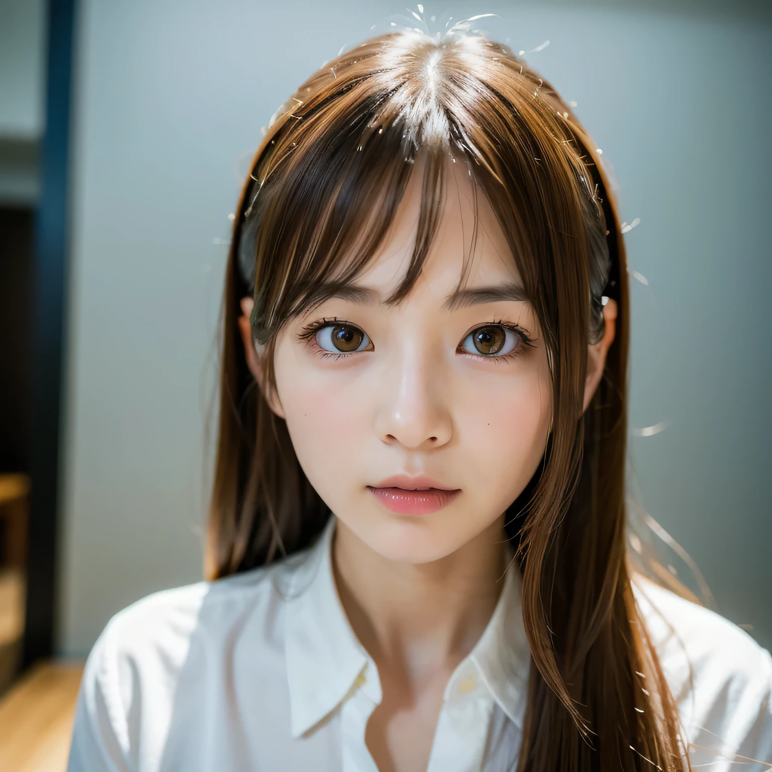highest quality, face focus, soft light, ultra high resolution, (realistic:1.4), Raw photo,look forward、
1 Japanese girl, alone, cute, (pupil, There's a light in my eyes), detailed beautiful face, (small box),(High resolution details of human skin texture),
(long hair),
indoor,
damask shirt dress,
(portrait)