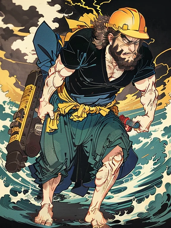 A man wearing dark blue work clothes is shirtless and wearing a construction helmet.，has a long beard，Floating world style，KHD，simple background，（angry look），master piece，KHD、wrapped in electricity、He carries do-it-yourself tools on his waist.、Background based on yellow