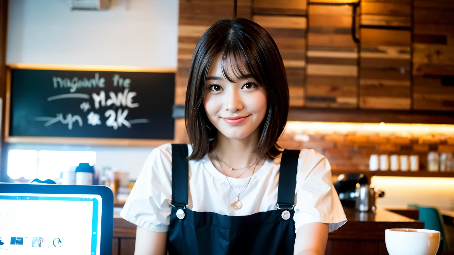 (最high quality、8k、32K、masterpiece:1.2)、A photo of a female college student who looks like a cute model、normal breasts、short bob hair、Upper body、face focus、refreshing white shirt、necklace、look at the audience、background a trendy coffee shop with a unique aesthetic and atmosphere. Incorporate elements like modern furniture, artistic decoration, and ambient lighting to enhance the ambiance. People who enjoy drinks々Consider including, engaging in conversation, or quietly working on laptops. Let your creativity flow、In this chic café setting「stable diffusion」Let the idea come to life, I can see other customers enjoying themselves too...。At the back of the cafe、Staff are busy working at the counter.、Feel the liveliness of a city cafe, sharp focus, 1 girl, sexy 1.2, brown hair, With bangs, fine eyes, Beautiful eyes with slit length, double eyelid, (cat face), (cute Face), cute Smile, (close your mouth), (cute), soft skin, surreal, Super detailed, high quality, (A caring and kind female college student), ((詳細な非常にcute女子大生)), The season is spring