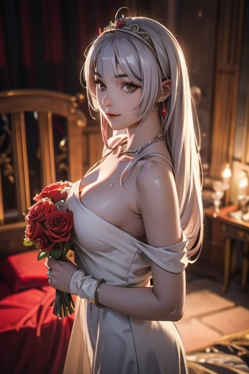 (from above:1.2),(from side:0.9), ((Face)), (Close-Up:0.4), ((looking at viewer, holding a bouquet to his mouth)), highest quality、(real、photorealistic:1.4)、(RAW photo:1.2)、very detailed CG unity 8k wallpaper, delicate and beautiful, wonderful, Fine detail, official art, disorganized, very disorganized, huge file size, Ultra-detailed, very detailed, very detailed girl, very detailedなeyes and face, Bright on the face、(age girl:1.7)、small smile, ,smiling, miorine rembran, ahoge, (white hair:1.25), hair between eyes, hair bun, (long hair:1.25), tiara,,ruanyi0261,off-shoulder dress,pearl \(gemstone\),tiara,veil,wedding dress, wedding necklace, wedding long gloves, (luxurious bouquet), chapel, Stained glass,(best quality, highres, masterpiece:1.2), ultra-detailed, (realistic:1.37) illustration, erotic style, soft lighting, sweat glistening on her body, gentle warmth, dark and mysterious, small breast,narrow waist,(with sparkling eyes and a contagious smile),her thin pubic hair, looking at viewer,