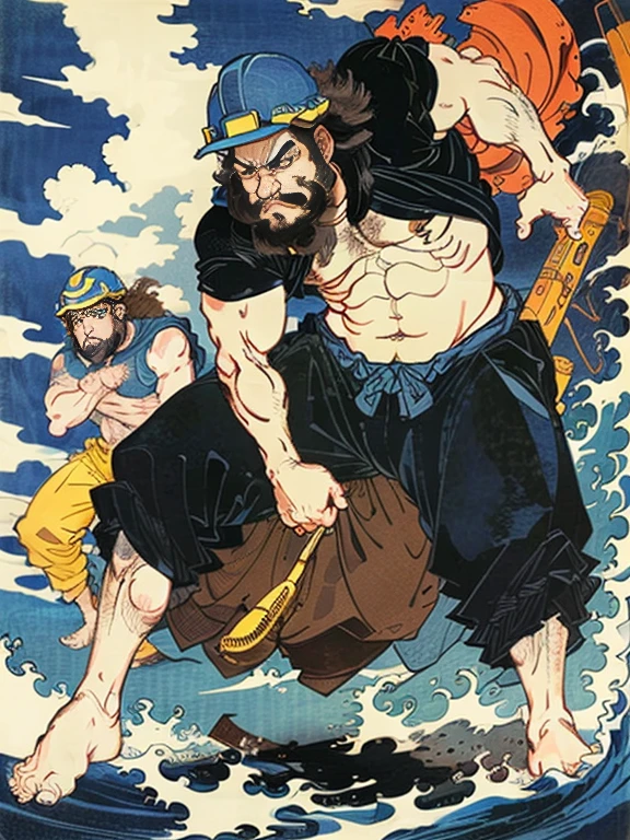 A man wearing dark blue work clothes is shirtless and wearing a construction helmet.，has a long beard，Floating world style，KHD，simple background，（angry look），master piece，KHD、Wearing the wind、He carries do-it-yourself tools on his waist.、Background based on blue