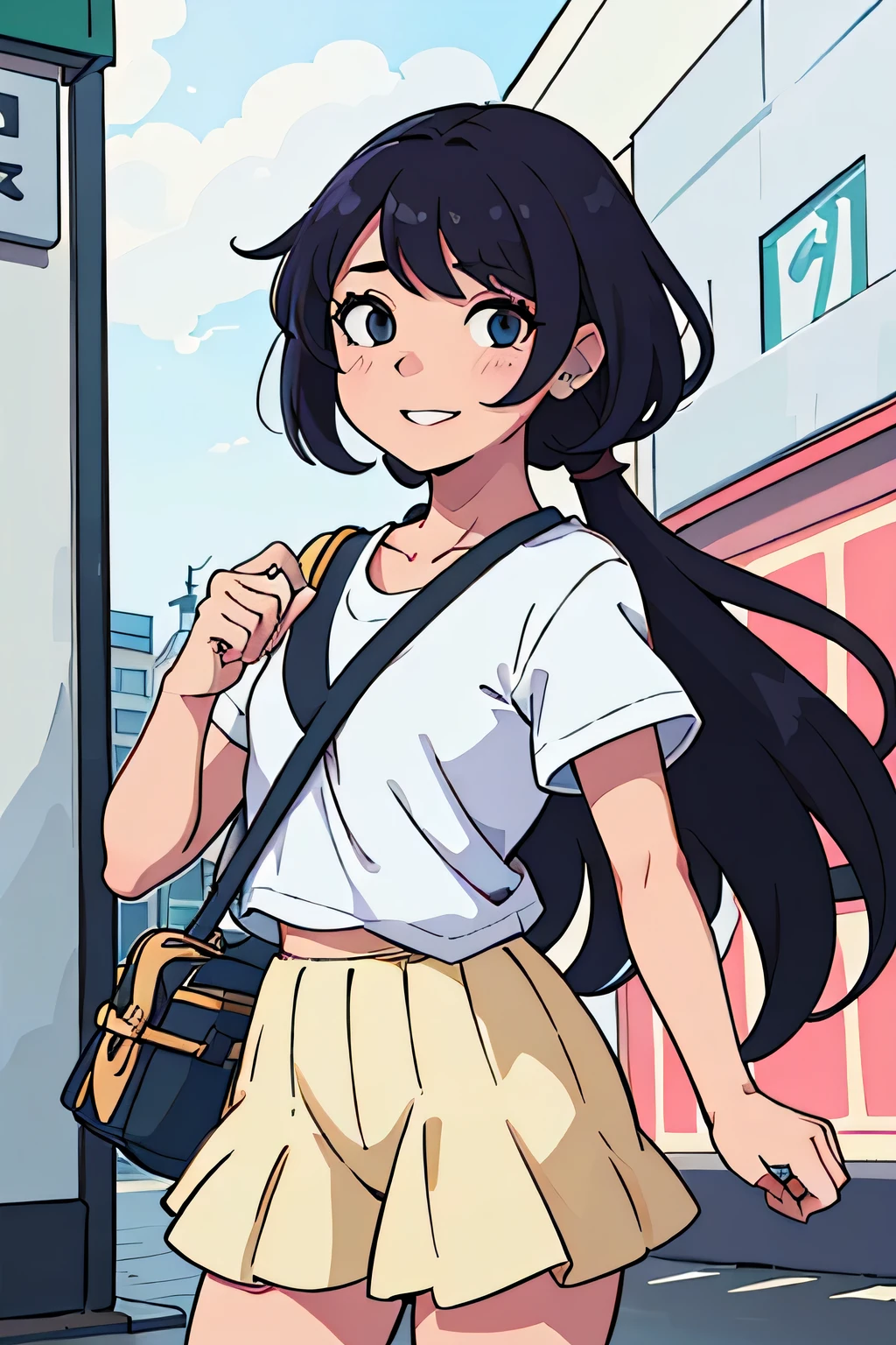 (Melhor qualidade:0.8) perfect anime illustration, Um bonito, mulher feliz com cabelo castanho curto e encaracolado nas ruas da cidade, vestindo um moletom, saia