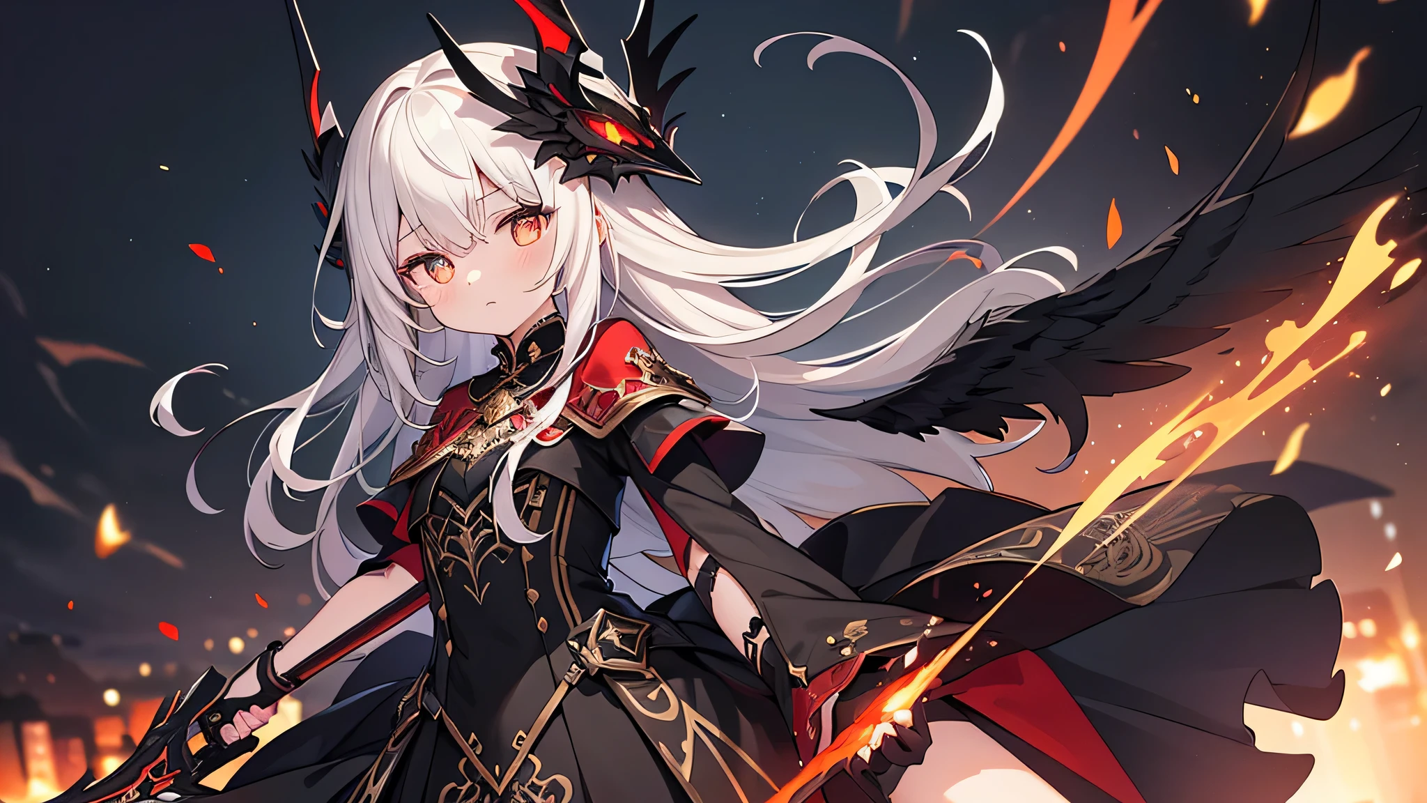 (masterpiece, best quality, Very detailed CG, intricate details: 1.2), 8k wallpaper, masterpiece, best quality, Super details,textured skin, girl,ultra high definition, anatomically correct,black wings,golden eyes,vertical pupil,black feathers,long golden hair,a blank world,poker face,Arrogant look,skirt,black clothes,close range,Holding black and red sword,personal,rich environment,dark wind,black helmet
