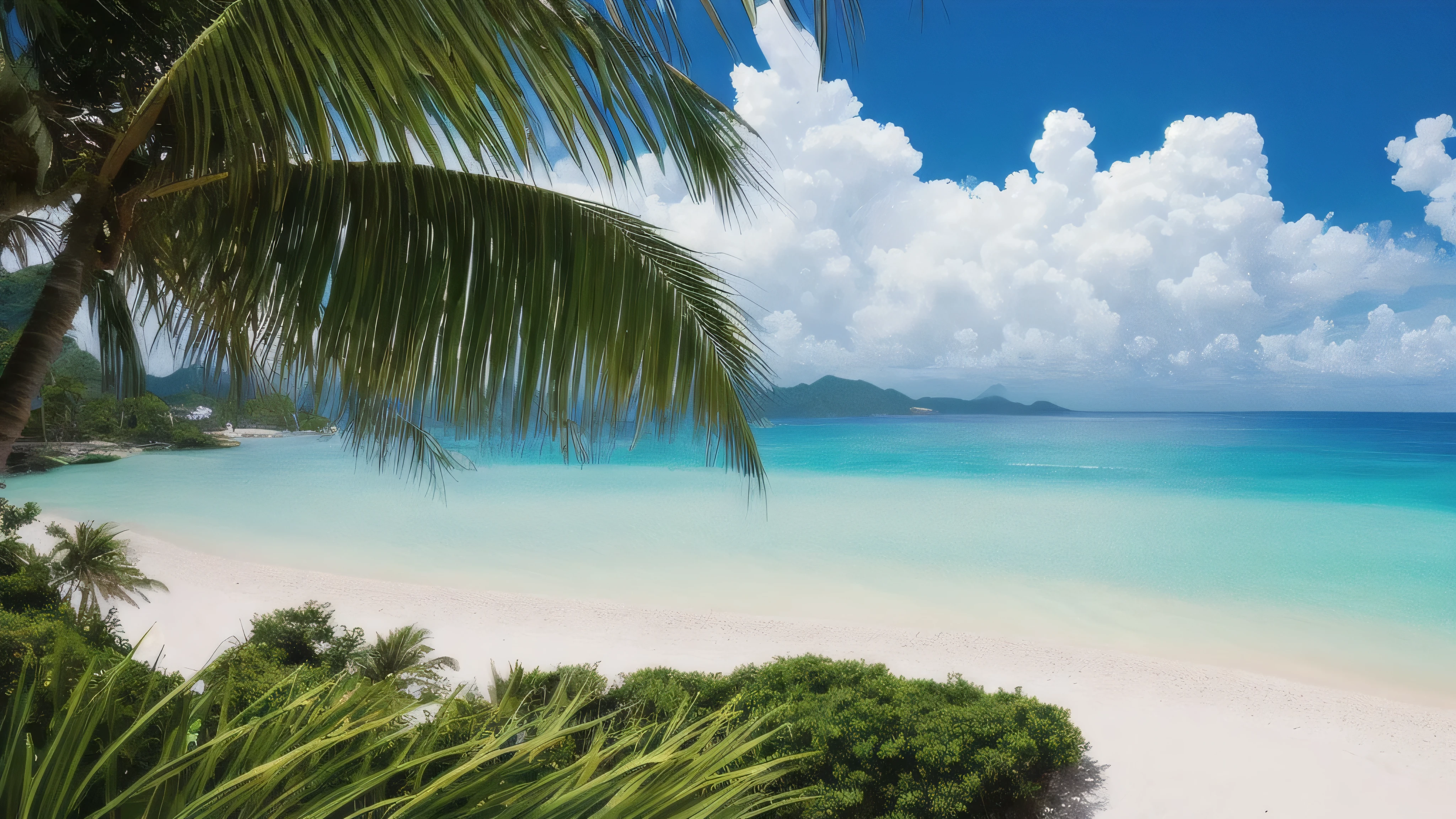 masterpiece, ultimate quality, CG Unity 8K 壁紙, super delicate, beautiful sky and clouds, blue sea、white sand beach、tropical beach、Palm tree、 no trace of people, Nice views, Already won a photo contest, Entire depth of field, HDR high dynamics, true restoration, Complex, extreme details, dramatic presentation, Perfectly expresses the style of mid-journey art.A rainbow is out