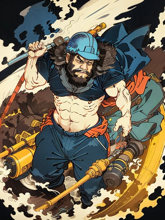 A man wearing dark blue work clothes is shirtless and wearing a construction helmet.，has a long beard，Floating world style，KHD，simple background，（angry look），master piece，KHD、Wearing the wind、He carries do-it-yourself tools on his waist.、Background based on blue、air conditioner