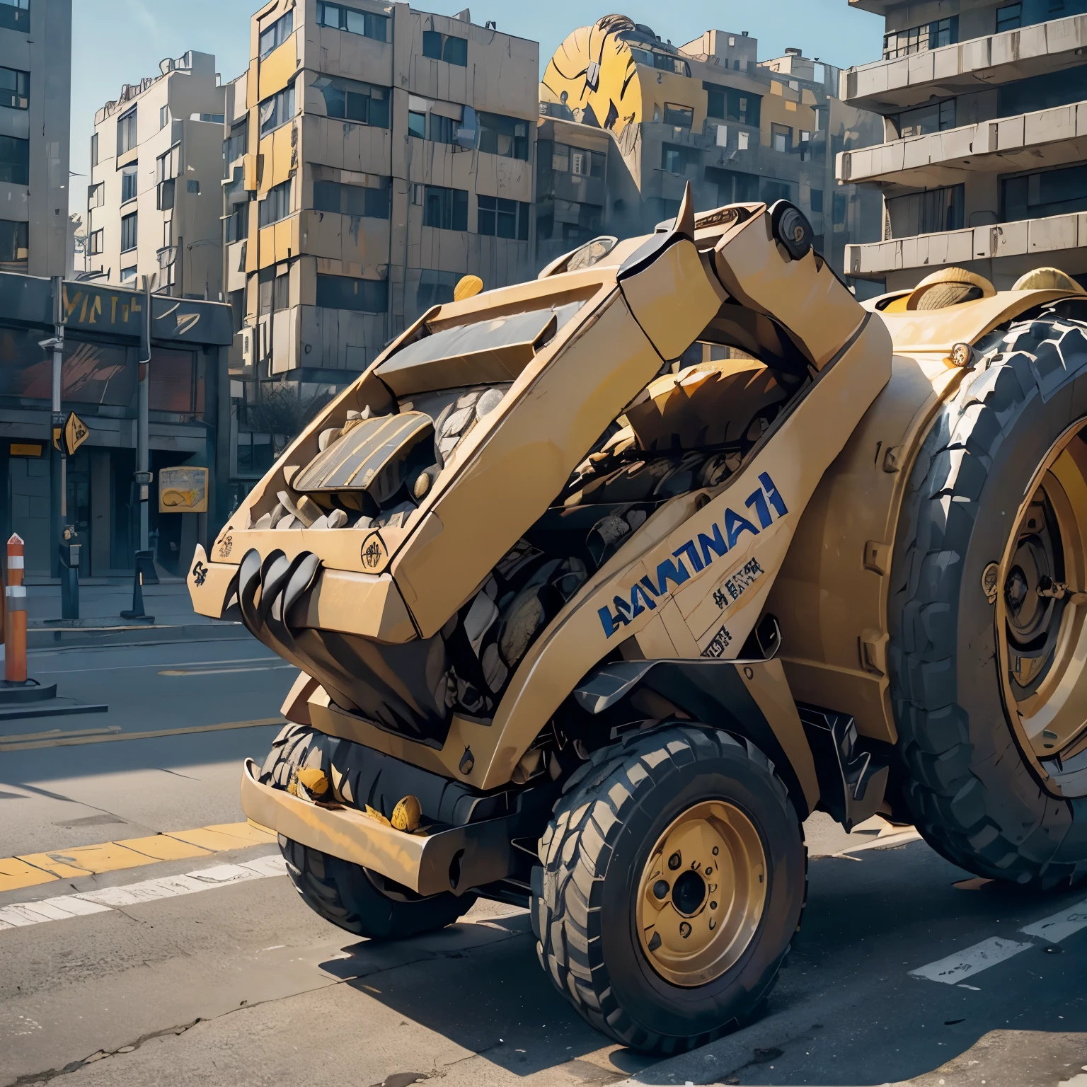 A skilled driver wearing a light blue cap confidently operates a yellow Wheel Loader Machine, its metallic shell enclosing a stolen ATM. The machine's wheels grind against the asphalt as several nimble bank robbers dash through the urban cityscape, their faces concealed by masks and dark clothing, leaving a trail of chaos in their wake.

((skilled driver:1.3)), ((confidently operates:1.4)), ((light blue cap:1.2)), ((yellow Wheel Loader Machine:1.3)), ((stolen ATM:1.4)), ((metallic shell:1.3)), (( Urban cityscape:1.3)),