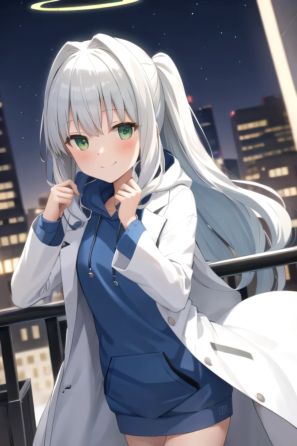 hare \(blue archive\),  blush, white hair, long hair, green eyes, night background, warm lights, halo, hoodie, 1girl, upper body,labcoat,  solo, looking at viewer, smiling