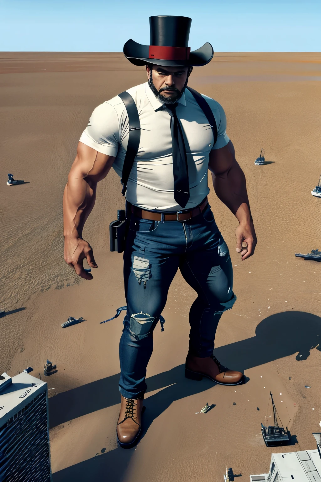 giant art, surreal Colombian man , Highly detailed Giant shot, Giant,, A gigantic Colombian man that's much bigger than a skyscraper, wearing Jaxon deadman top hat hat, huge muscles , big arms, solid ripped white T shirt ,black jeans with bulge in pants , wearing timberland boots, miniature metropolis, I'm playing with capturing very small aircraft carriers and battleships., gts, giga giant, giant, crash warship, tiny warship, micro warship,
