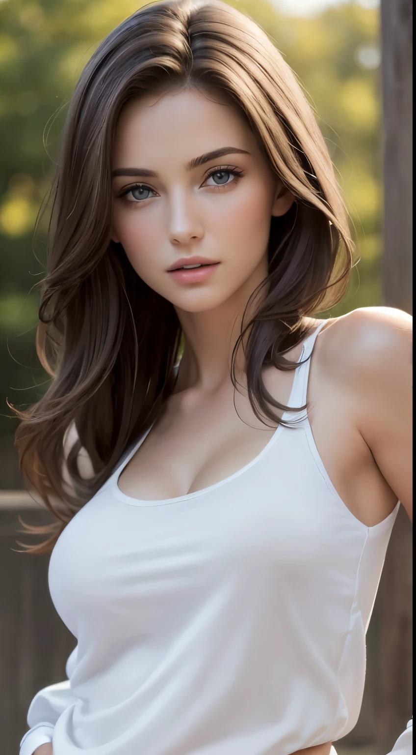 (masterpiece, highest quality, photorealistic, High resolution, photo shoot, :1.3), very close up shot, sharp focus, 1 brunette girl, european girl, hot models, Highly detailed eyes and pupils, realistic skin, slim body shape, cleavage, highly detailed hair, delicate and  face, sensual gaze, glossy lips, ((Wearing an open defrosted sweatshirt and tank top)), outdoor, ((realistic, super realistic, realism, realistic detail))