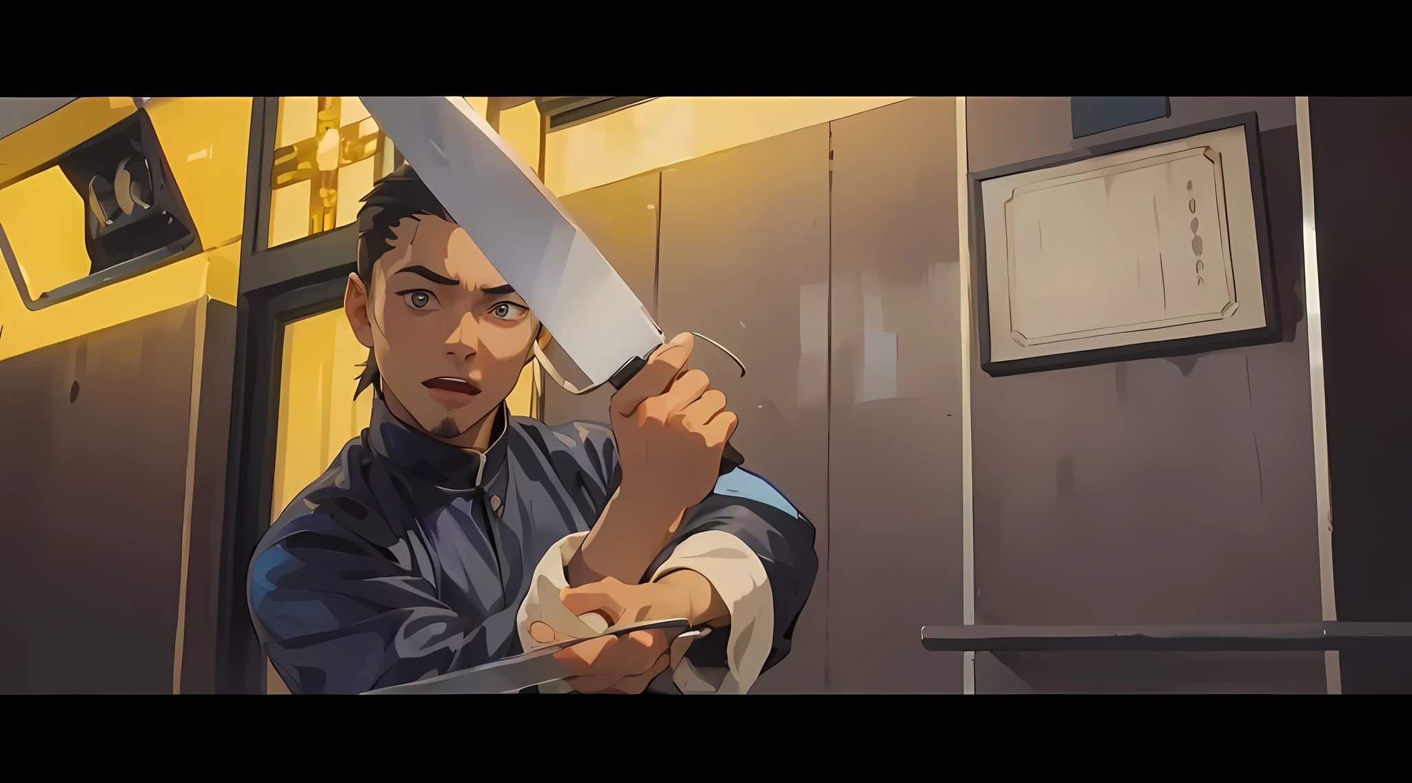 Best quality, very detailed, background matches the picture, anime boy, holding a knife, anime face, handsome