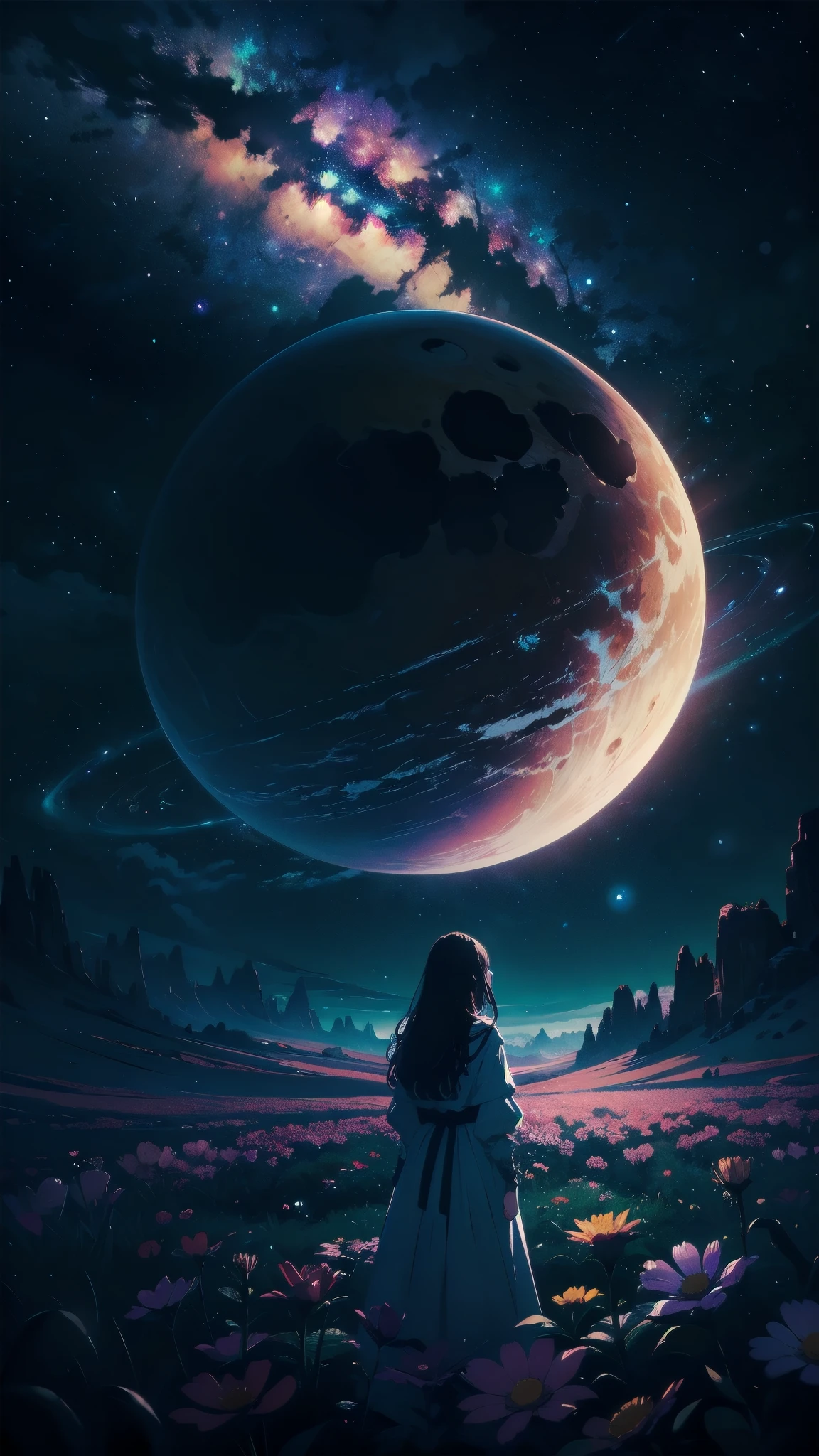 4k Landscape, beautiful stars at background, looks like a dream, sky looking extremely beautiful, ultra resolution, perfect lighting, Dark space, space photo, extremely beautiful, fantasy world, girl standing on flowers, looking at the sky, dark vibes, perfect color grading, a planet at the sky