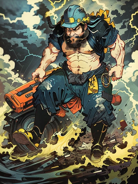 A man wearing dark blue work clothes is shirtless and wearing a construction helmet.，has a long beard，Floating world style，KHD，simple background，（angry look），master piece，KHD、wrapped in electricity、He carries do-it-yourself tools on his waist.、thunderstorm background
