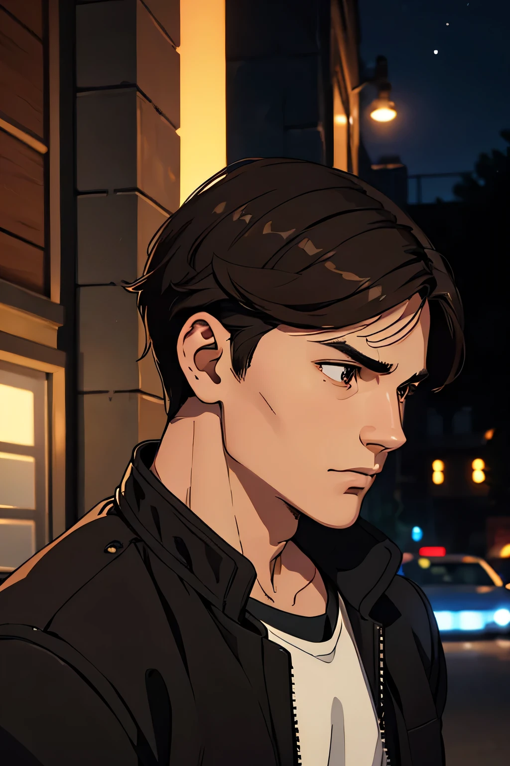 hot guy, brown and very short hair, brown eyes, 25 years old, wearing black jacket, no smiling, hair is almost shaved, at night, side profile, sad
