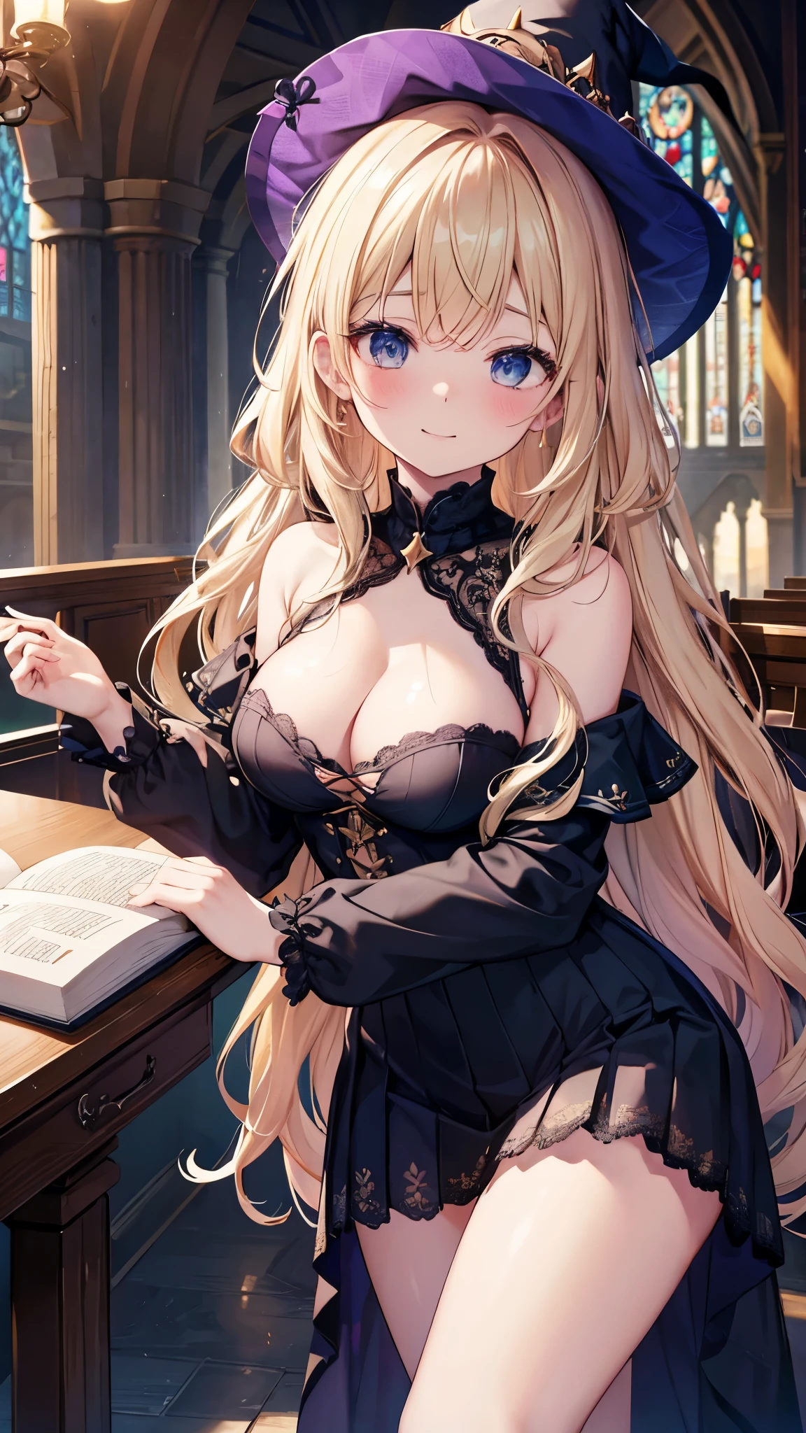 table top, highest quality, Highly detailed CG Unity 8K wallpaper, Sexy Witch Cosplay, long dark blonde wavy hair、off shoulder knit, dark blue pleated skirt, medium milk, saggy breasts, cleavage, blush, shy laugh, bare shoulders, (leaning forward),、sexy lace underwear、black high heels、luxury magic wand and book、Inside the castle church、sexy pose