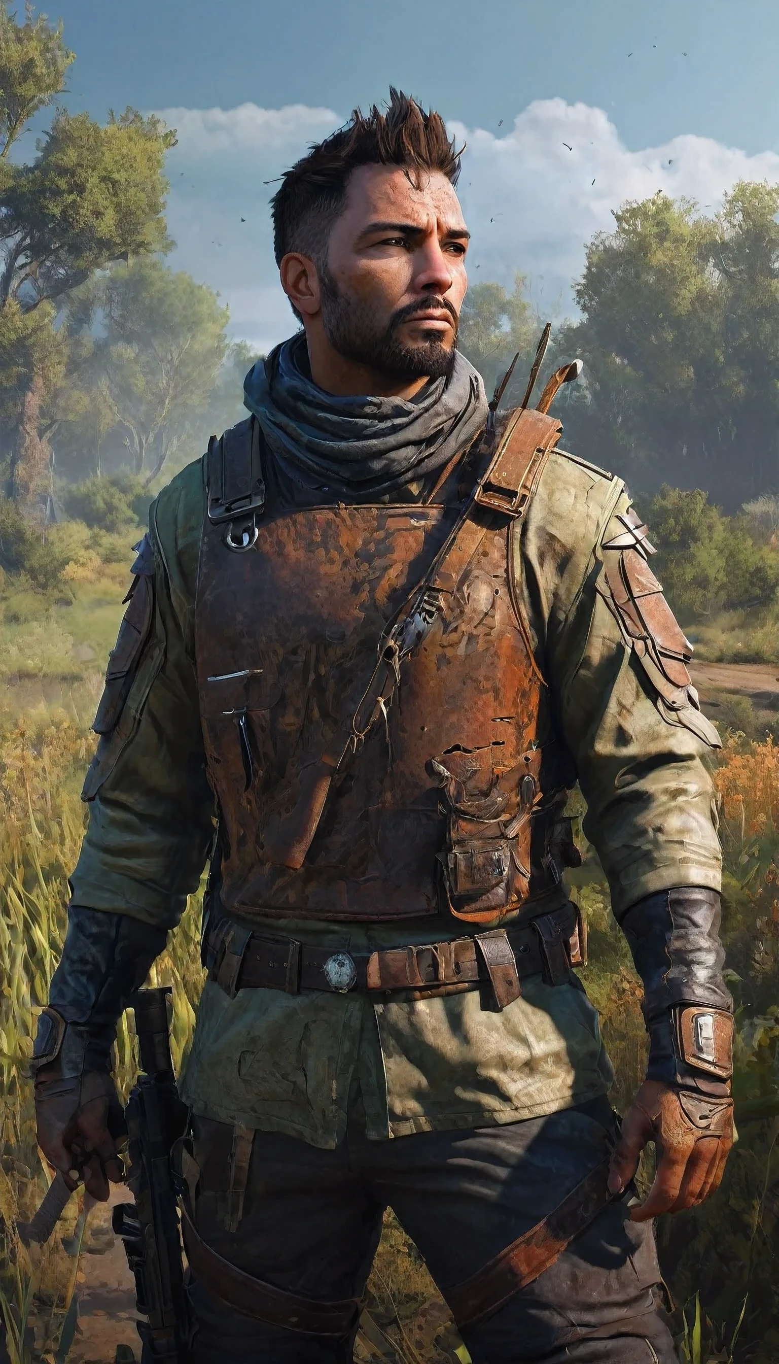 :: ((masterpiece)) :: wide:80 mm :: (((Best quality))),(character design sheet, same character, front, Side, back) :: portrait in profile, fantasy, ((Сочетание атмосферы Far Cry:a new dawn)), The atmosphere of the apocalypse:: man, wasteland raider :: seemingly laconic :: preparing the pose, pose Composition, head looks up :: (dressed in homemade rusty metal armor over worn road clothes) :: background: regenerating heathland with growing flora :: hand drawn, dark, sandy, realistic sketch, sketch, mix of bold dark lines and loose lines, thick lines, on paper, turn character sheet:: Background in the form of shimmering cold flowers :: (outline style:1.1), (Reflected light:1.2), (Cell shading:1.2), use of large lines, difficult, (Anxious:1.1) ::