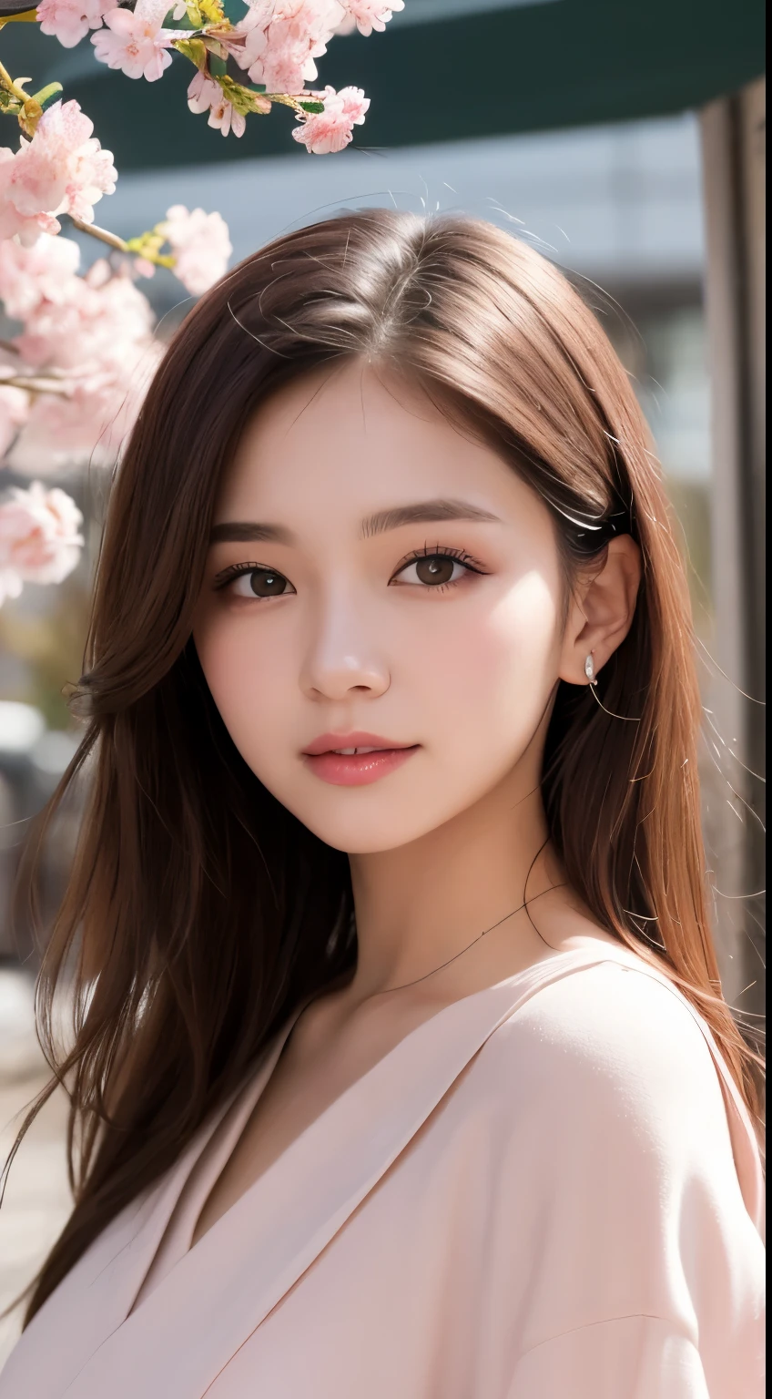table top, highest quality, shape, Super detailed, finely, High resolution, 8k wallpaper, 完璧なダイナミックな構shape, finelyて美しい目, pink dress,medium hair, natural color lip,gentle smile,big city、20 year old girl、midnight、Beautiful and dense face、perfect and beautiful face、slim face and style,Big eyes、small face、cherry blossoms、rape blossoms