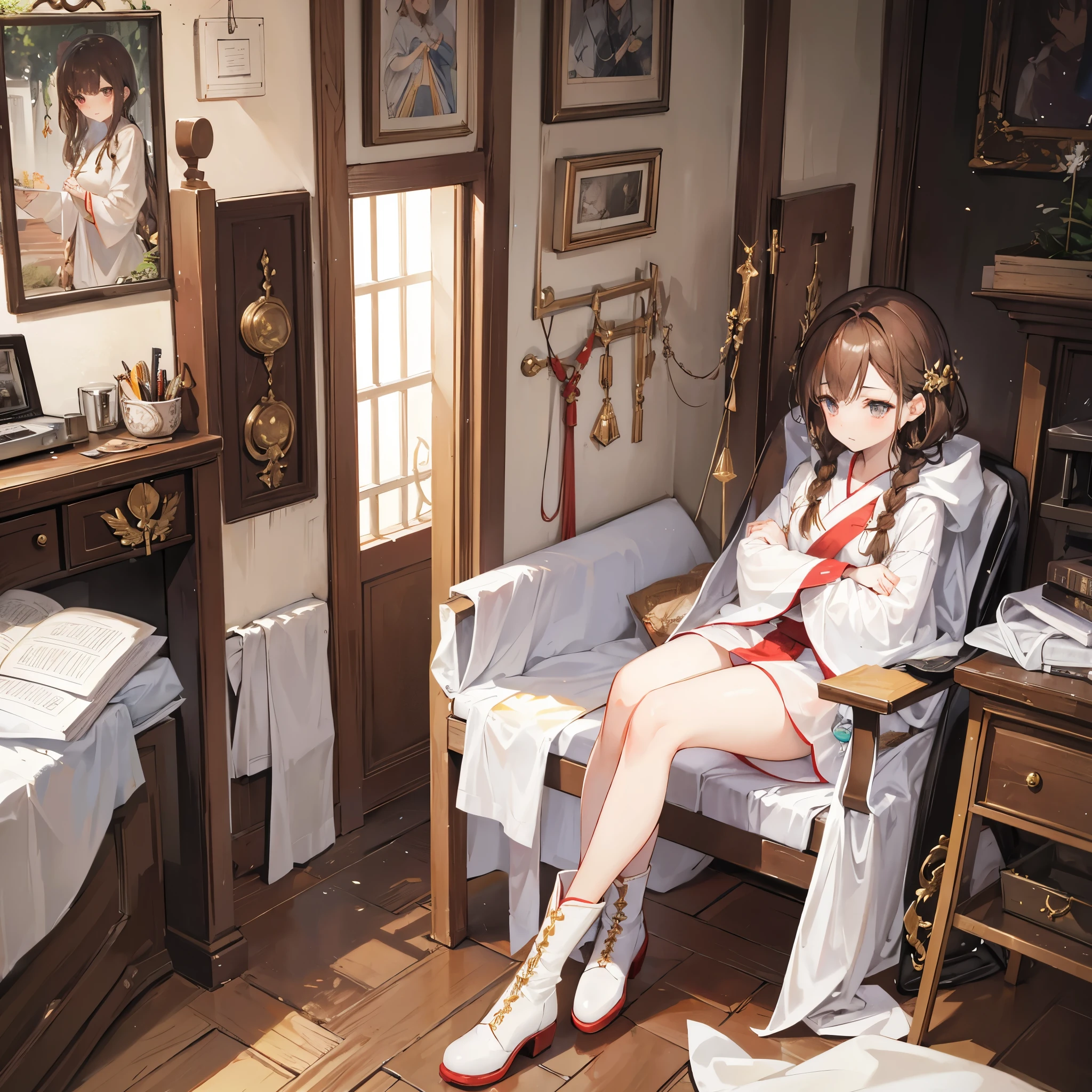 {{{A summoner wearing a white robe, a girl with brown hair, braided eyes, and brown boots.}}}