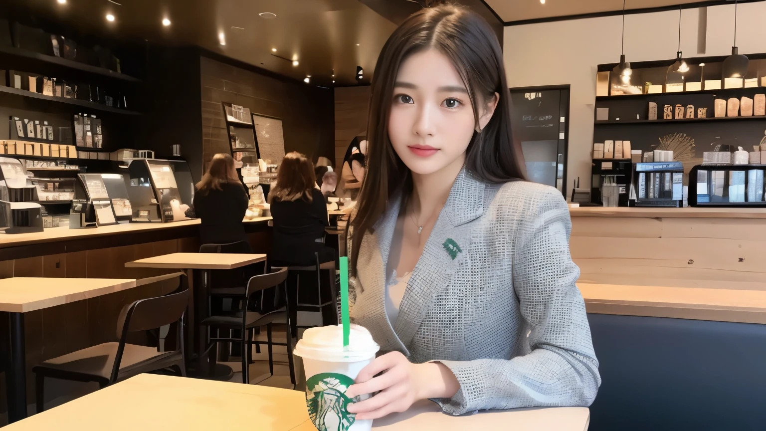 ((highest quality、8K、masterpiece:1.3))、sharp focus:1.2、Beautiful Japanese idol with perfect body:1.4、(Starbucks open cafe:1.2)、Terrace seats、Highly detailed face and skin texture、 detailed eye、double eyelid、black suit,