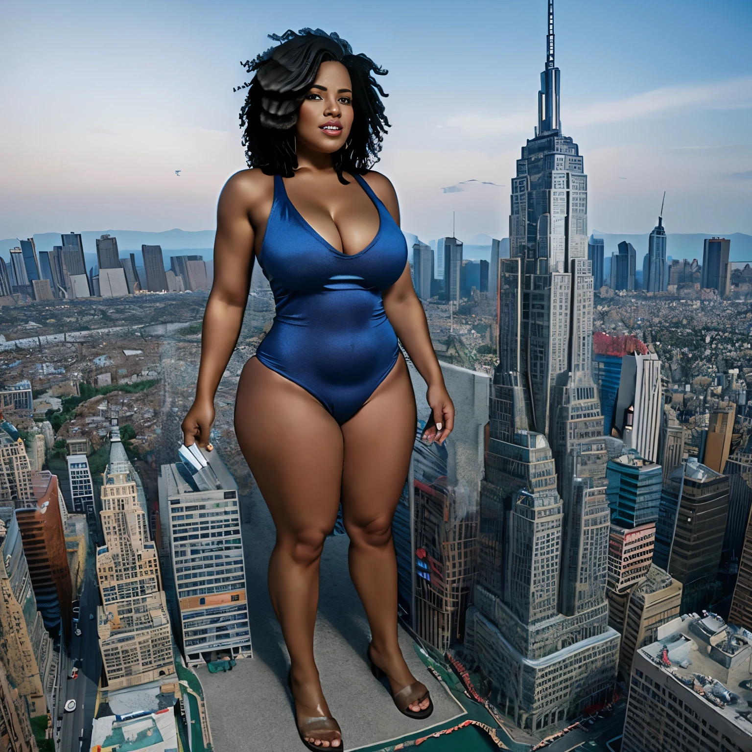 giant art, highly detailed giant shot, der riese, Beautiful mature Dominican woman in a tiny swimsuit, long curly hair, A giant woman bigger than a skyscraper, wearing boots , huge curvy tit, Big ass,very small metropolis, miniature metropolis, Full body depiction, Removed clothes and accessories are scattered around., gts, giantess, tiny city,micro city,