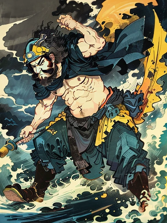 A man wearing dark blue work clothes is shirtless and wearing a construction helmet.，has a long beard，Floating world style，KHD，simple background，（angry look），master piece，KHD、wrapped in a cloth of wind、He carries do-it-yourself tools on his waist.、Typhoon background
