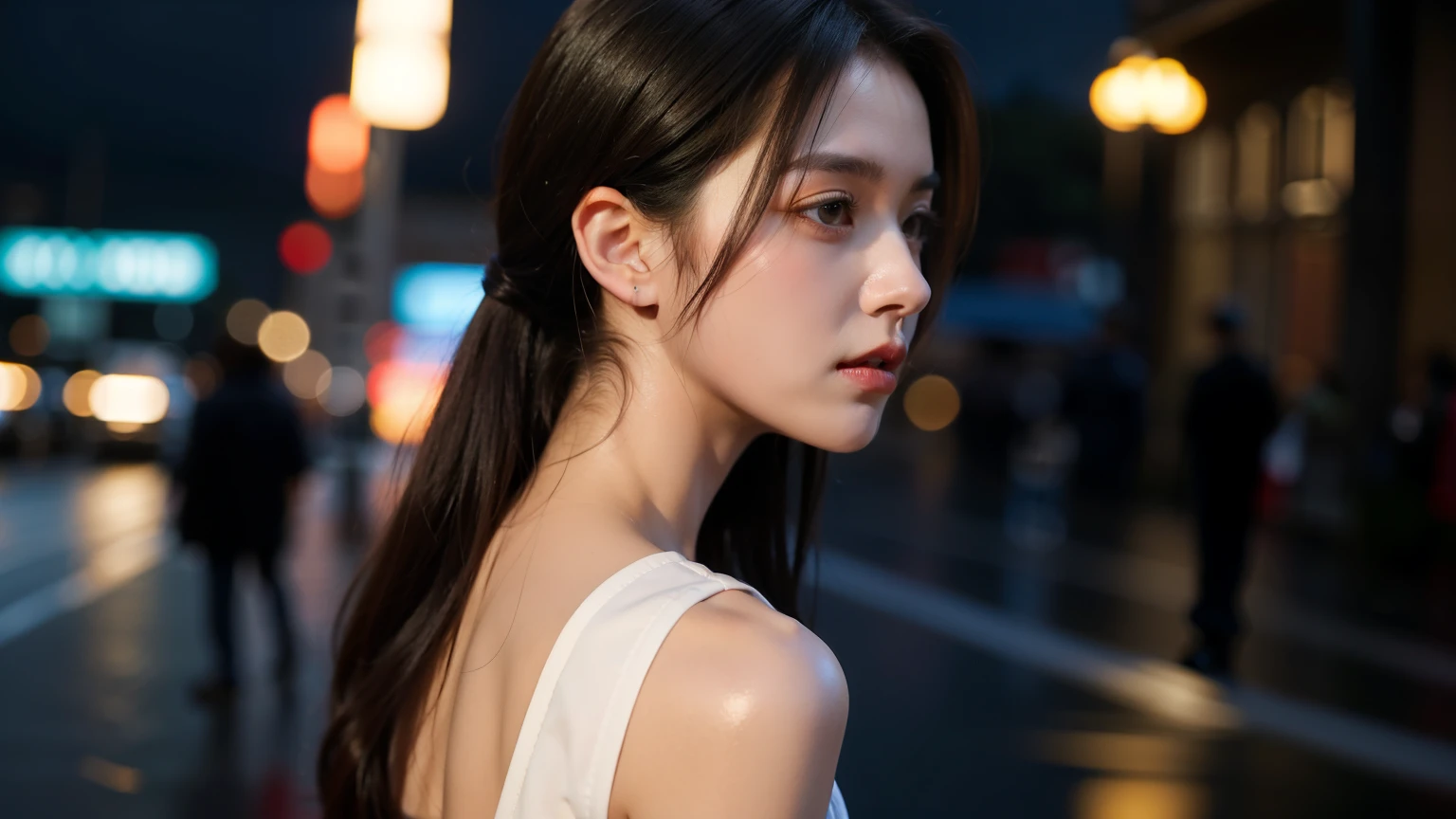 City lights,back view of character,girl,close up,rain,Evening background,high detail, movie lighting, Ray tracing, overhead view, ultra high definition, masterpiece,8K, best quality
