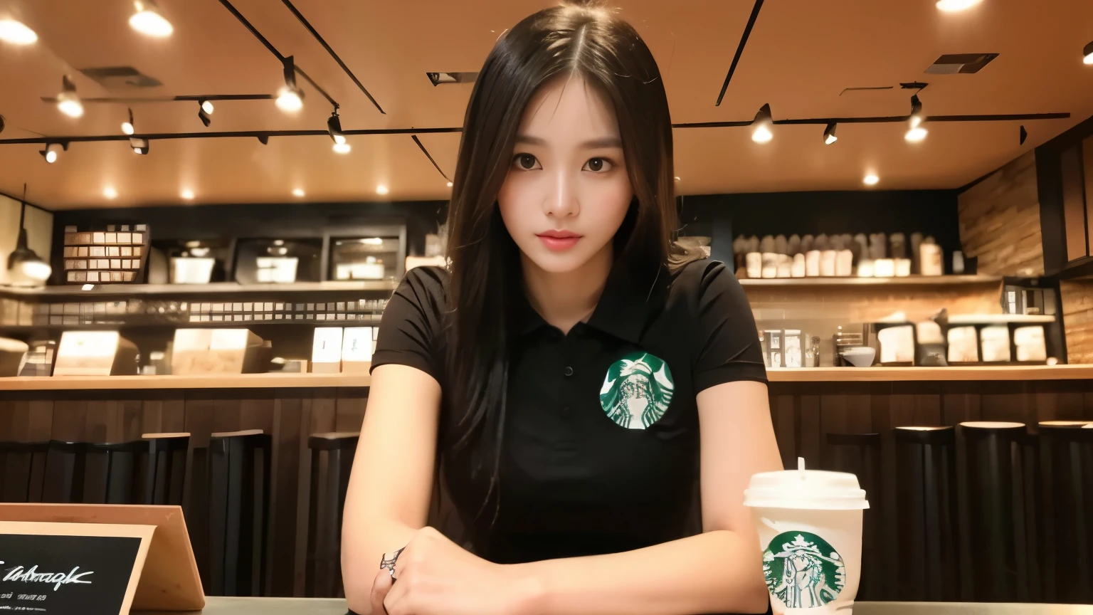 ((highest quality、8K、masterpiece:1.3))、sharp focus:1.2、beautiful woman with perfect body:1.4、(black polo shirt)、(Inside the Starbucks store:1.2)、Highly detailed face and skin texture、 detailed eye、double eyelid、sunburned肌、Sexy、sunburned