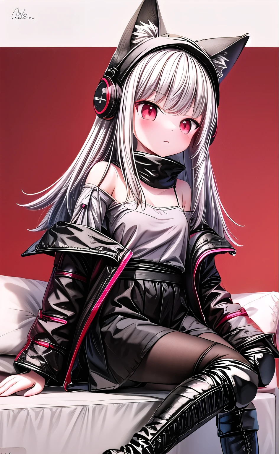 origin, 1 girl, alone, pantyhose, boots, Tail, long hair, Black footwear, looking at the audience, sitting, Off the shoulders, red jacket, Knee pads, fox Tail, from the side, off-shoulder Gray shirt, bare shoulders, Gray shirt, fox girl, black pantyhose, red background,
