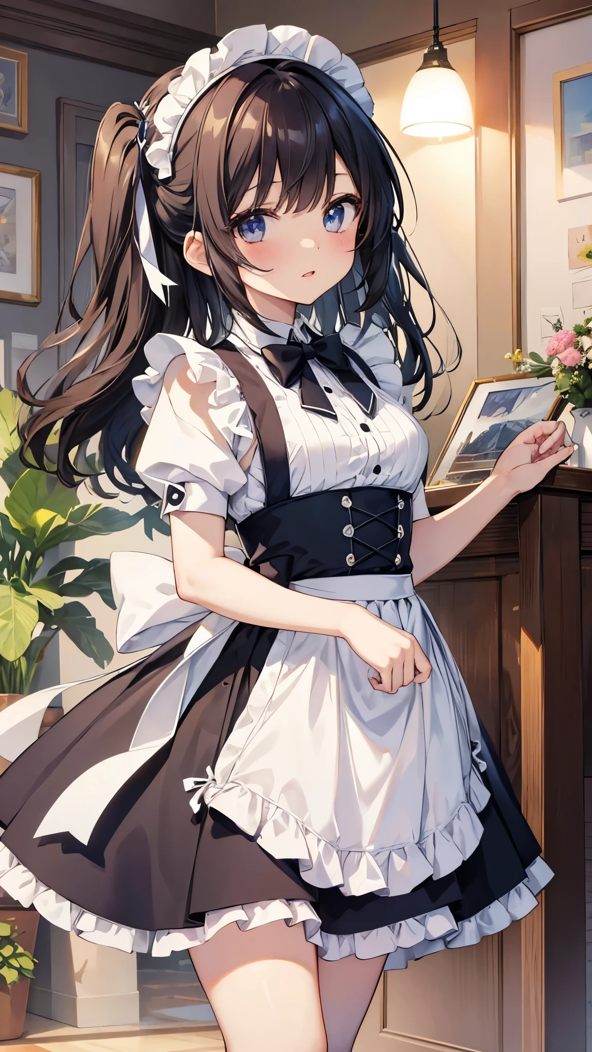 masterpiece、highest quality、1 girl、maid、mini skirt、cute anime illustration、