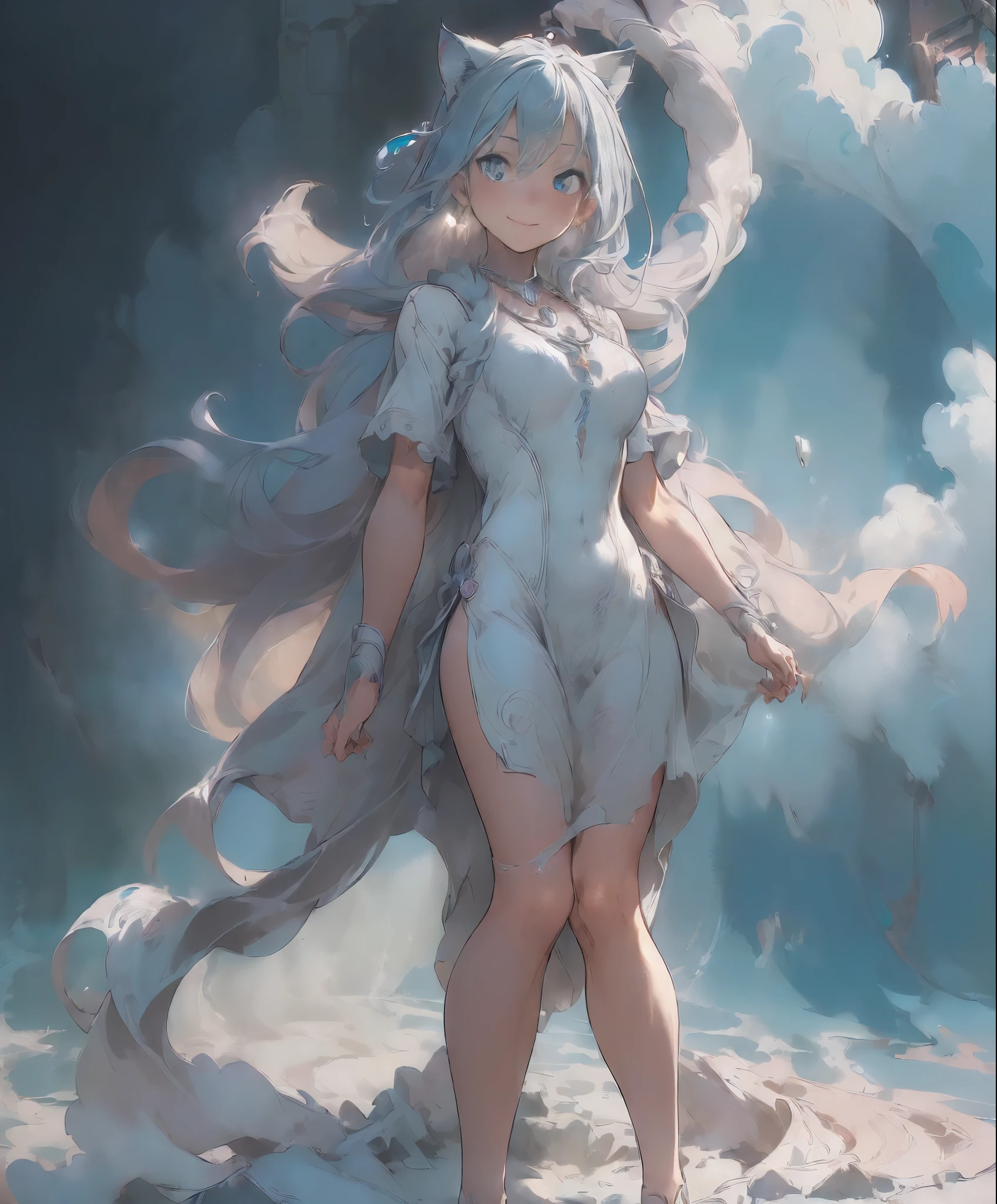 (masterpiece、highest quality、highest quality、official art、beautiful beautiful:1.2)、(1 girl:1.3)Hatsune Miku、twin tails,big breasts,((Cat ears on the head:1.5)), (number々の賞を受賞したmasterpiece, incredibly detailed, It has texture、maximum detail), (Full body standing image:1.9), (surreal:1.4), (Amazing anatomically perfect and beautiful style:1.9), highest qualityの本物の質感の肌, (Accurate, complete circle, symmetrical eyes), detailed face, ((medieval world)), ((Sylphid, sky wind spirit)), (Elegant dresses that dance in the wind are exquisitely finished down to the last detail..(A smile of liberated joy appears on her lips:1.8), (Clear eyes full of joy:1.5), (Full body standing image:1.9), (Let's use the magic of graceful wind:1.7), (A pure and elegant image:1.6), (swirling windと雲海を背景に:1.5), (dramatic light), (grow (her expression is soft and beautiful.), (great scene), (dramatic light), (wonderful light), (her face is soft and beautiful)(her expression is soft and beautiful.), (her expression is soft and beautiful.), (her expression is soft and beautiful.), (her expression is soft and beautiful.)(dramatic photos:1.4), (dramatic pose), ((elegant flying pose)), (blue hair), (platinum blonde hair), (silver hair), (chestnut hair), short cut hair, ((look up)), (((look down))), (around her neck, simple, Finely crafted ancient necklace. :1.3))), (An aura that envelops a shining body:1.6))), (swirling wind:1.4))), old ruins with vegetation, great temple, Cathedral, temple ruins, temple away from temple, (Shining magic circle)), ancient castle ruins, desolate ruins, crumbling ruins, Ancient ruins with clear water flowing through it, holy light, (Shining magic circle))great realistic (HDR:1.5), (calm colors:1.2), very detailed, cinematic, warm light, dramatic light, (intricate details:1.1), complex background, very detailed, surreal, intricate details, painting (artwork), ((masterpiece,highest quality)), ((cinematic Light))dark fantasy, faded, ((neutral color)), art, (art Station:1.5), light effect, (intricate details:1.1), complex background, (greg latkowski:0.8), (teal and orange:0.4))