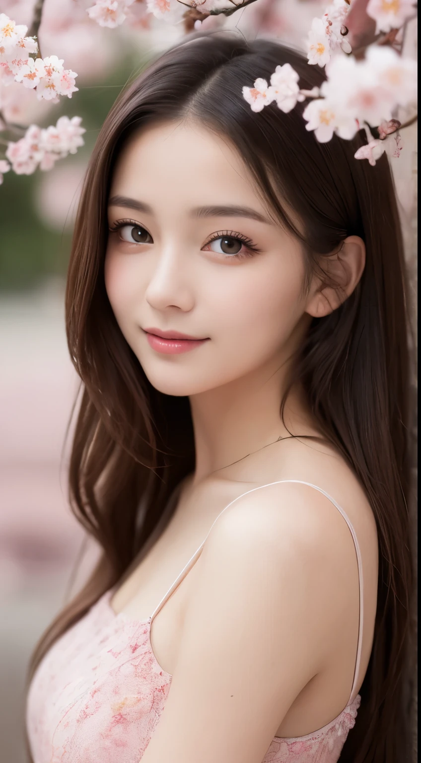 table top, highest quality, figure, Super detailed, finely, High resolution, 8k wallpaper, 完璧なダイナミックな構figure, detailed and beautiful eyes, pink dress,medium hair, natural color lip,gentle smile,big city、20 year old girl、midnight、beautiful and detailed face、perfect and beautiful face、slim face and style,Big eyes、small face、cherry blossoms、rape blossoms are blooming