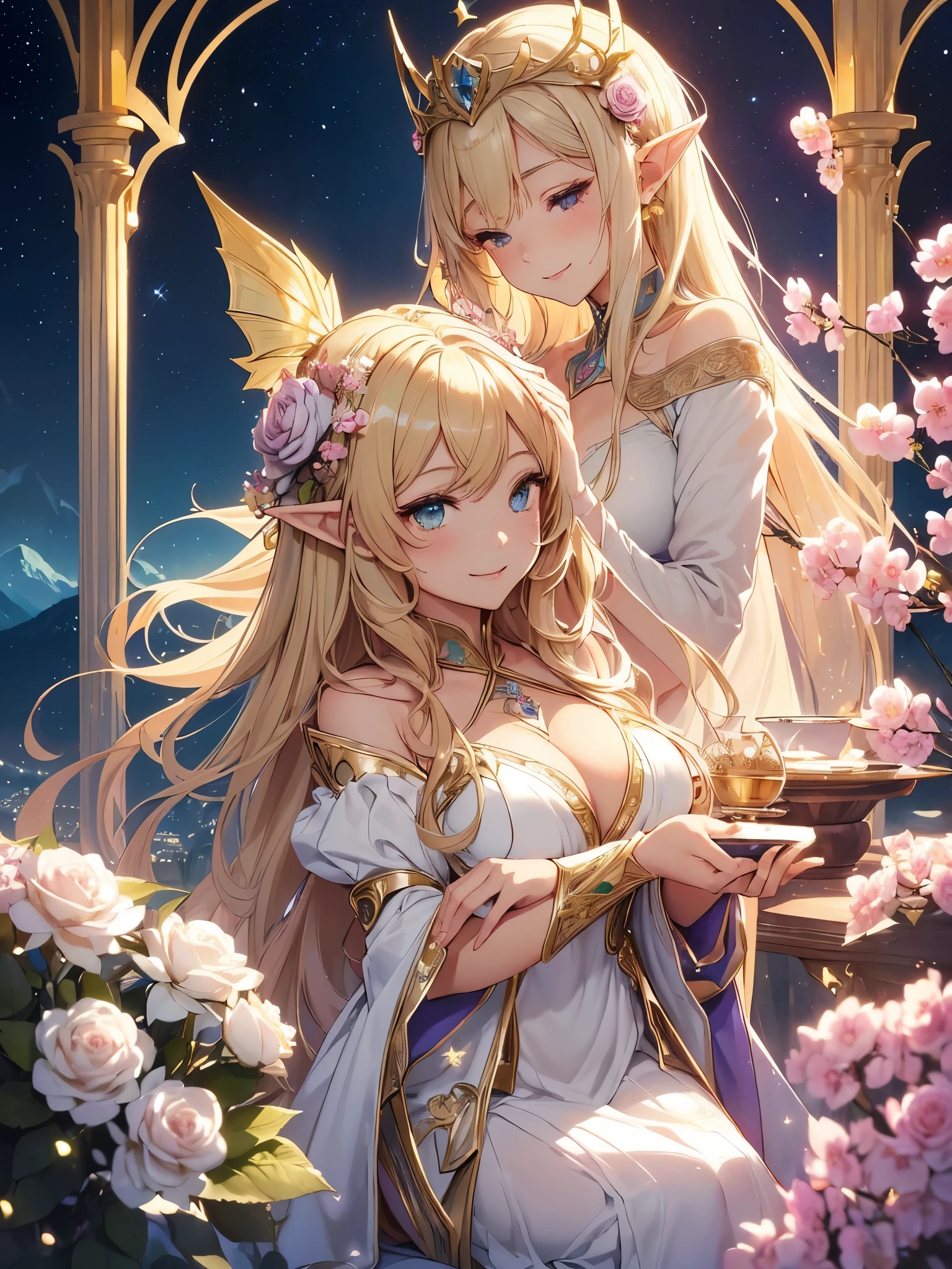 highest quality、Highest image quality、masterpiece、beautiful profile、、Titania、Super beautiful elf beauty((22 years old OL big bust、bust 90,beautiful long ironed hair、blonde、Height: 165cm。slender、sexy、Esbian、beautiful tiara、night、High quality、美しいart、background((starry ski)))muste piece、ビジュアルart、Depth of the bounds written、、elf ears、光のmagic、universe、A happy smile、gentle light、Elven Forest、cherry blossoms、tea、reading、elegant、ticker beautiful decorative、marble columnystical rosa、Rose、 the sky、beautiful dressy、beautiful dress、table、giant galaxy、myth、ART、Lord of the Ring、sexy、friendly smile、Fantastic、cherry blossoms、舞い散るflowerびら、cherry blossomsのflower、universeのmagic、Earth、magicの光、fantasy、flower、super REALITYたくさんのRose、magic、universeを飛ぶ、、Grow fantasy、、mysteryの光、byzantine、Art nouveau、alphonse Mucha、、art、art,mystery,UHD,magicalgentle light,sexy、
