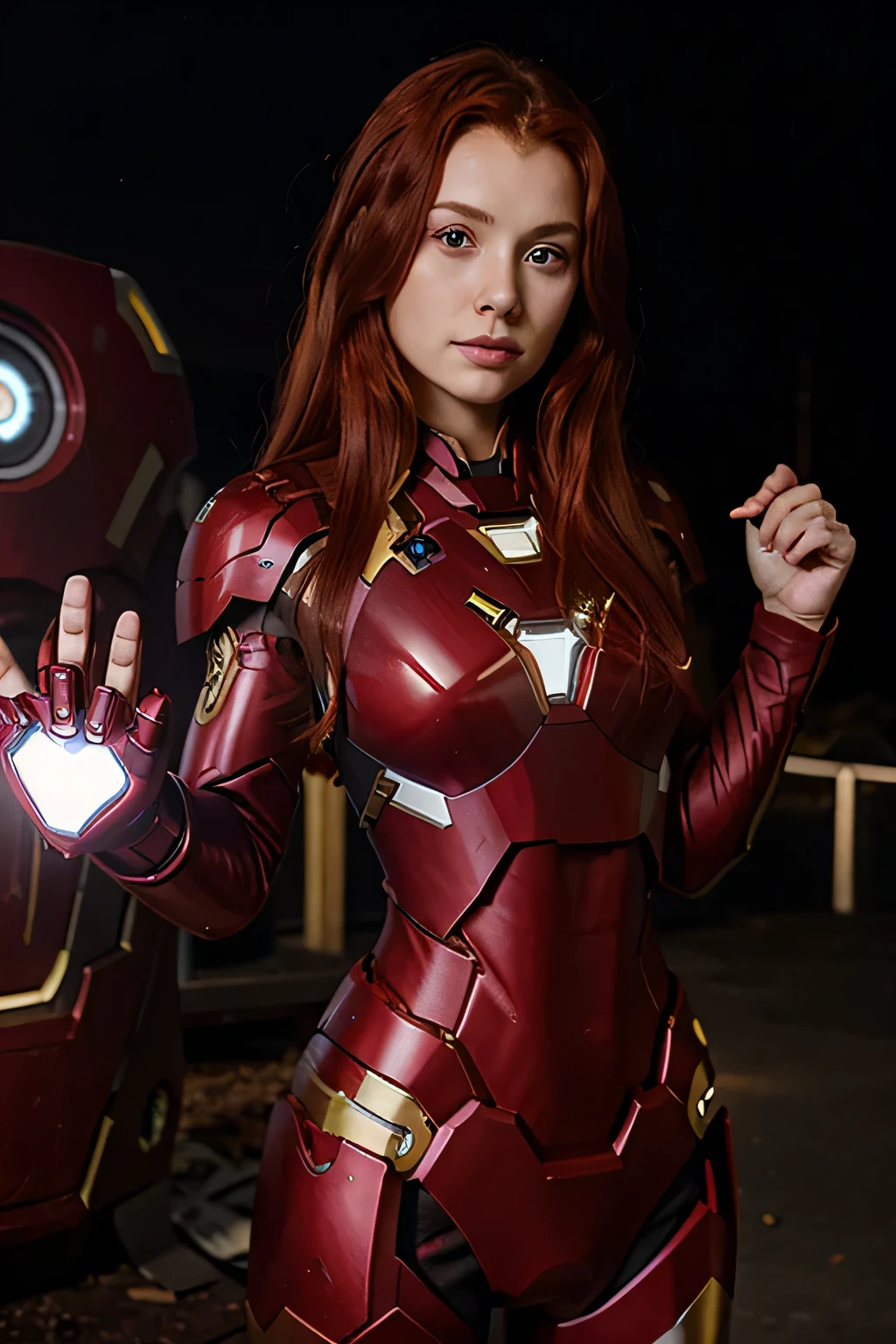 red haired girl holding iron man's heart