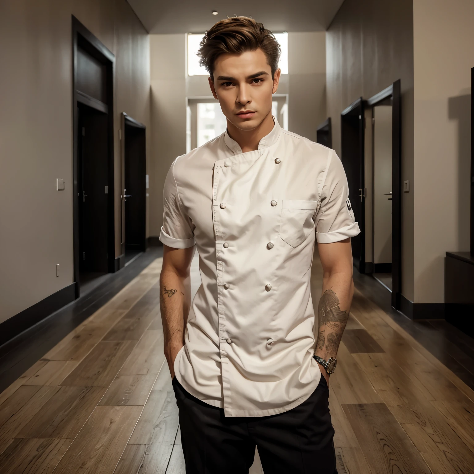 chef-d&#39;artwork, best quality, seulement, 1boy, cheveux courts, chemise beige, pantalon noir, Chaussure noire, Posant, Realistic, foyer masculin, cheveux des sourcils, yeux noirs, Tout le corps, lips, studio
Info
