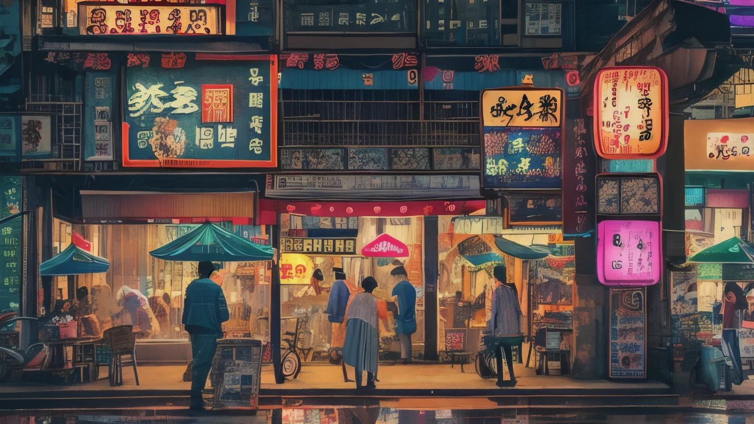 A retro shopping street in a corner of the downtown area。Old billboards and neon signs line the exterior walls of buildings.。
Old izakaya district spread out in the back alleys。At night、The illuminated stalls and izakaya become lively.。
The center of the city booming with the bubble economy。Lined with skyscrapers and hotels、people々It depicts people rushing back and forth, looking busy.。
In the rain、An office worker taking a drink at a coffee shop under the building。holding an umbrella in hand、Relaxing while reading the newspaper。
Scenery depicting the club scene of the bubble era。Young people wearing bright neon lights and colorful costumes、enjoying the night。