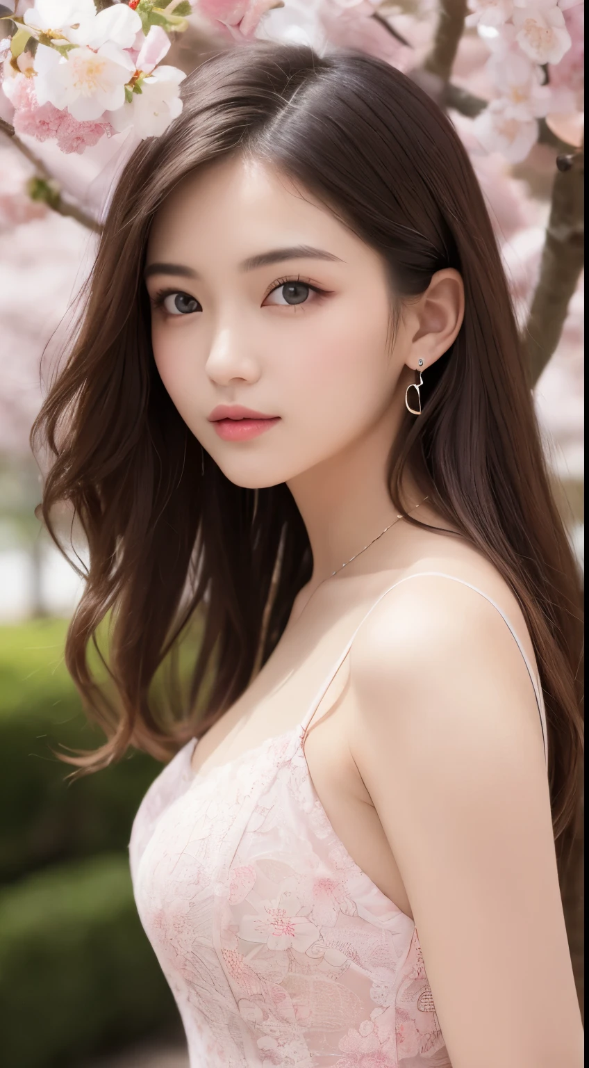 table top, highest quality, figure, Super detailed, finely, High resolution, 8k wallpaper, 完璧なダイナミックな構figure, detailed and beautiful eyes, pink dress,medium hair,  natural color lip,gentle smile,big city、20 year old girl、midnight、beautiful and detailed face、perfect and beautiful face、slim face and style,Big eyes、small face、cherry blossoms、rape blossoms are blooming