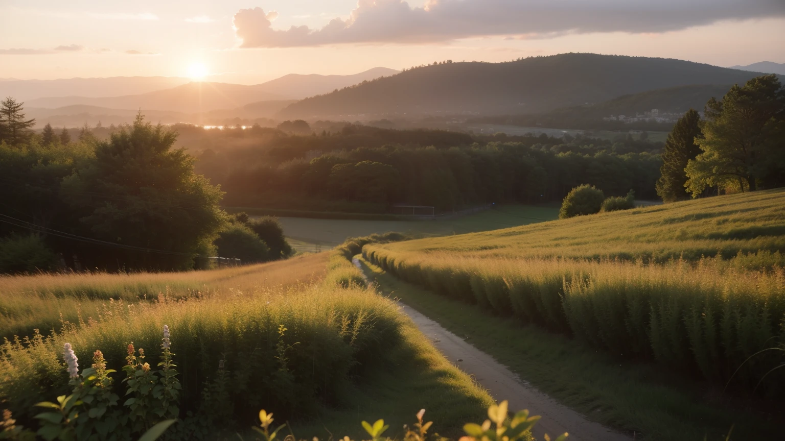 field,natural scenery,rain,No person,sunset twilight,high detail, movie lighting, Ray tracing, overhead view, ultra high definition, masterpiece,8K, best quality