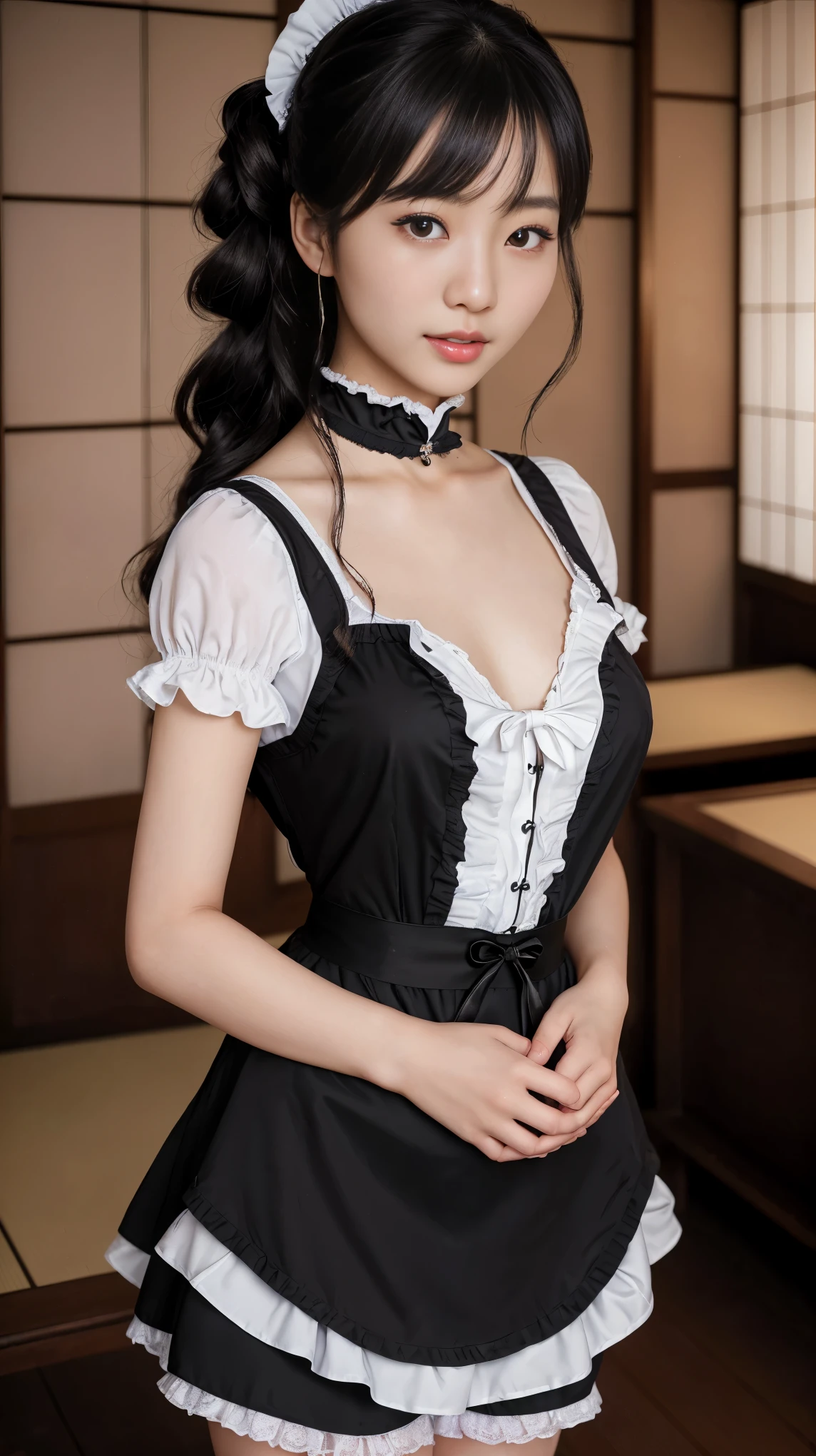 最high quality、high quality、best image quality、8K、最High resolution、High resolution、最high quality、masterpiece、Raw photo、whole body写真、Realistic human body in every detail、Realistic skin in every detail、Realistic face in every detail、Realistic eyes down to the details、Realistic lips in every detail、Realistic teeth in every detail、Realistic ears down to the last detail、Realistic hair down to the last detail、Realistic arms down to the last detail、Realistic reproduction of every detail、Realistic fingers in every detail、(fine hands、thumb１reference４)、Realistic feet in every detail、Realistic feet in every detail、Realistic breasts down to the last detail、((beautiful japanese girl))、(japanese model), (japanese woman)、((18 year old beautiful girl))、(black hair)、(random hairstyle)、((whole body))、((beautiful upturned chest))、(slim and perfect body)、(whole body光沢肌、Fair skin)、Detailed and realistic human body、detailed realistic skin、detailed realistic face、detailed realistic arms、detailed realistic fingers、Detailed realistic feet、detailed realistic breasts、A restaurant with a classical atmosphere、Upscale restaurant、((Serving customers in the store))、((British Maid Outfits、French Maid Clothing、gothic maid outfit、german maid outfit、backless maid uniform、edwardian maid uniform、Garcon Look Maid Clothes Mini Skirt Maid Clothes、Victorian maid clothes、classic maid outfit、steampunk maid outfit))、random close-up
