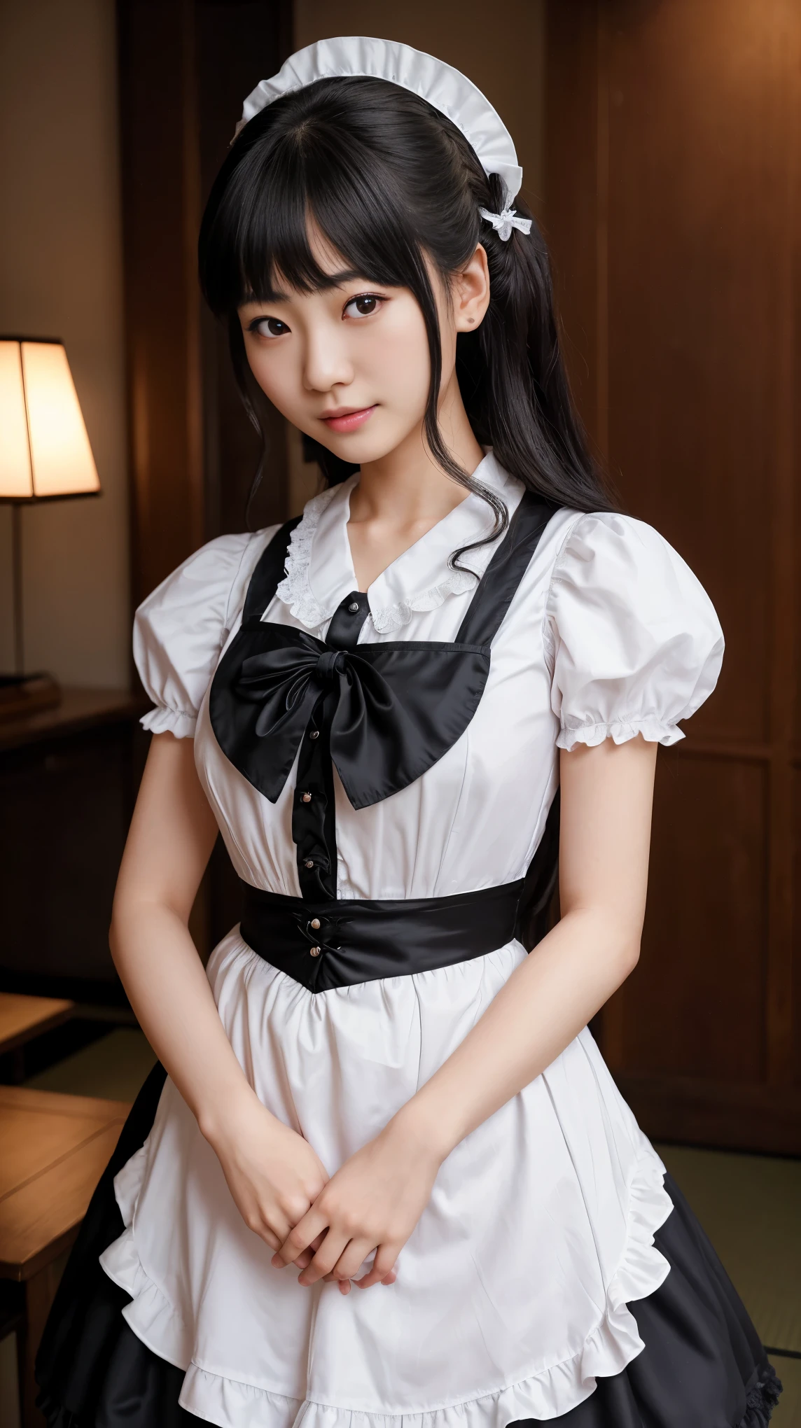 最high quality、high quality、best image quality、8K、最High resolution、High resolution、最high quality、masterpiece、Raw photo、whole body写真、Realistic human body in every detail、Realistic skin in every detail、Realistic face in every detail、Realistic eyes down to the details、Realistic lips in every detail、Realistic teeth in every detail、Realistic ears down to the last detail、Realistic hair down to the last detail、Realistic arms down to the last detail、Realistic reproduction of every detail、Realistic fingers in every detail、(fine hands、thumb1reference4)、Realistic feet in every detail、Realistic feet in every detail、Realistic breasts down to the last detail、((beautiful japanese girl))、(japanese model), (japanese woman)、((18 year old beautiful girl))、(black hair)、(random hairstyle)、((whole body))、((beautiful upturned chest))、(slim and perfect body)、(whole body光沢肌、Fair skin)、Detailed and realistic human body、detailed realistic skin、detailed realistic face、detailed realistic arms、detailed realistic fingers、Detailed realistic feet、detailed realistic breasts、A restaurant with a classical atmosphere、Upscale restaurant、((Serving customers in the store))、((British Maid Outfits、French Maid Clothing、gothic maid outfit、german maid outfit、backless maid uniform、edwardian maid uniform、Garcon Look Maid Clothes Mini Skirt Maid Clothes、Victorian maid clothes、classic maid outfit、steampunk maid outfit))、random close-up