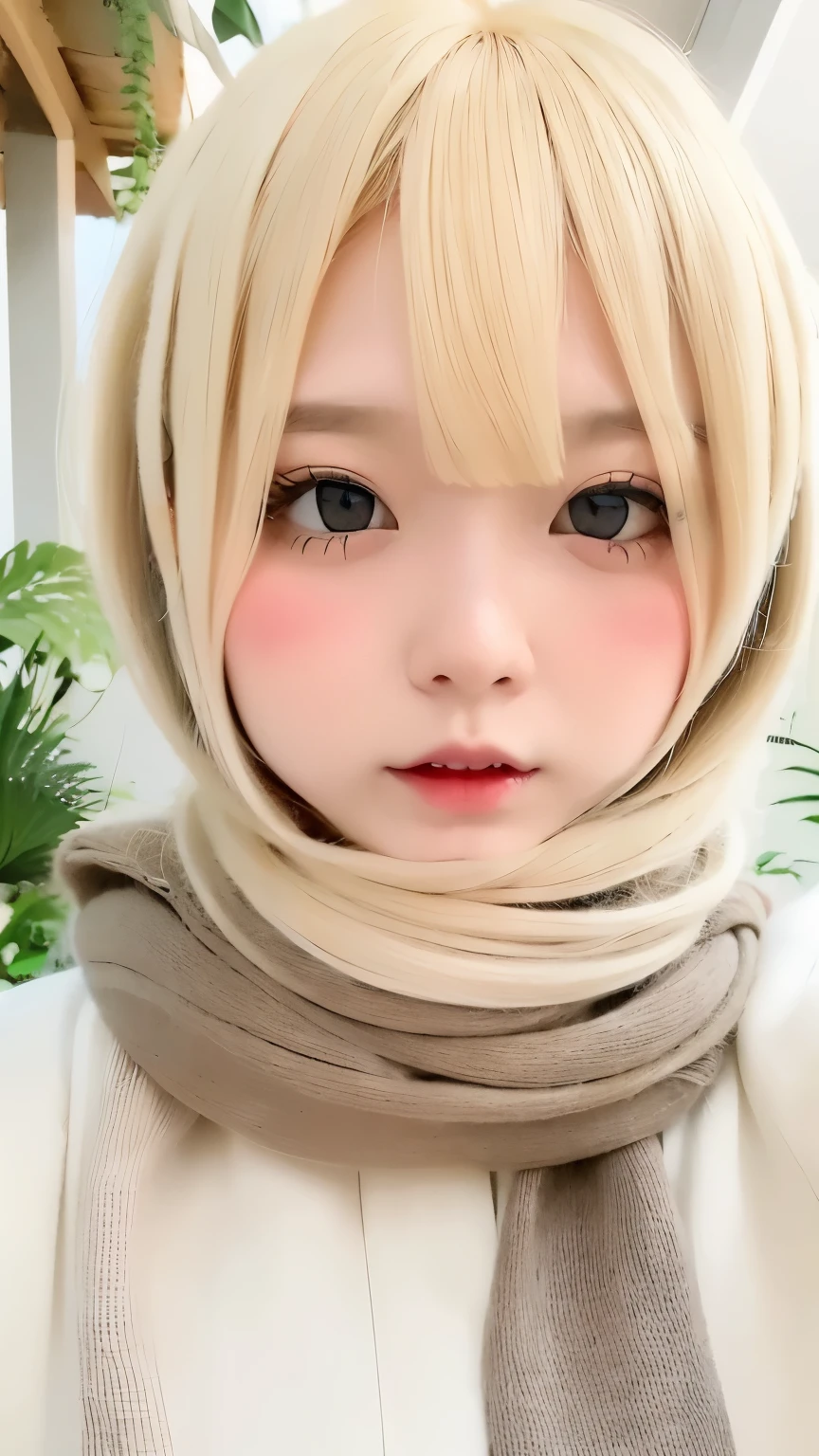 (Super detailed、best detailed skins、highest quality、masterpiece、超A high resolution)、cute woman、************、high school girl、young girl、1 girl、(((have bangs、ash blonde:1.3、fluffy hair)))、double eyelid、drooling eyes、Japanese style face、purity、realistic skin types、thick muffler、Gray muffler、((There&#39;hair in scarf:1.3))、red cheeks、The wind is blowing、Spring cheerfulness、outdoor、garden、緑豊なgarden、Spring flower