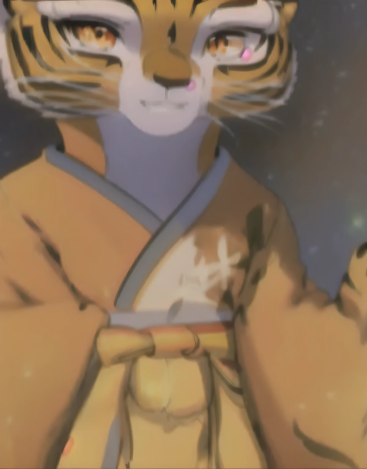 There is a cartoon tiger wearing a kimono, orange eyes,tigress,warm background,ultra high definition